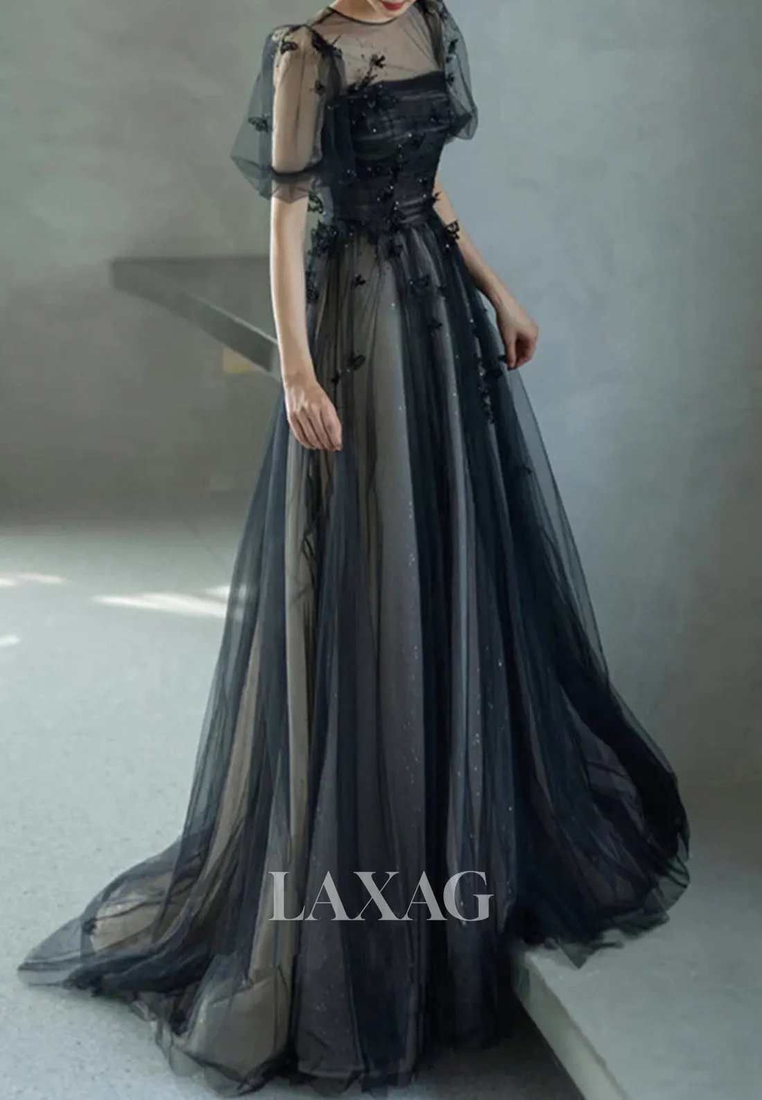 A-Line Applique Beaded Pleated Tulle Party Dress Tube Top Short-Sleeves Sweep Train Prom Dress