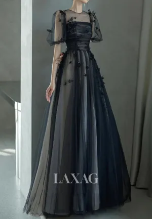A-Line Applique Beaded Pleated Tulle Party Dress Tube Top Short-Sleeves Sweep Train Prom Dress