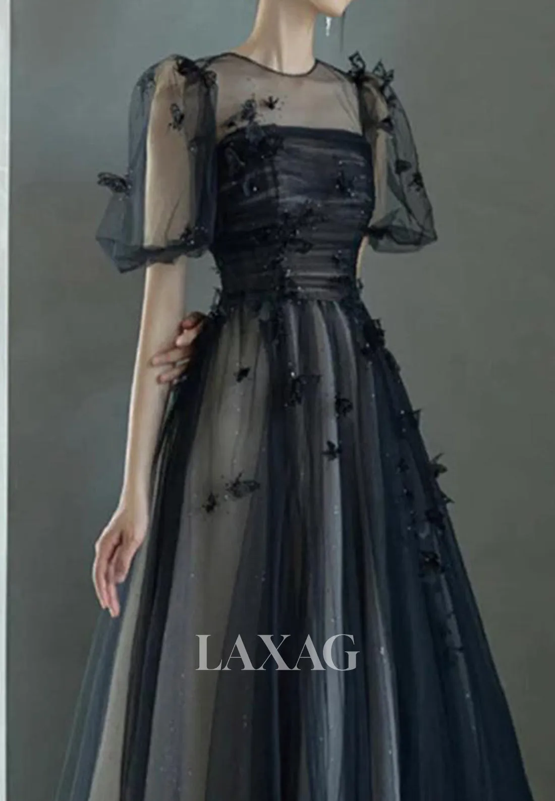 A-Line Applique Beaded Pleated Tulle Party Dress Tube Top Short-Sleeves Sweep Train Prom Dress