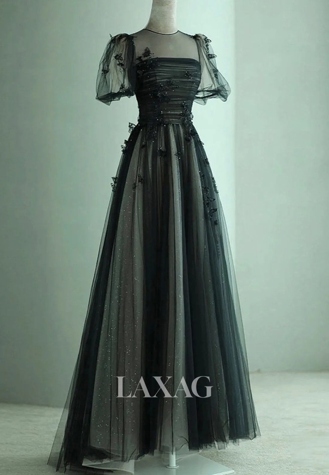 A-Line Applique Beaded Pleated Tulle Party Dress Tube Top Short-Sleeves Sweep Train Prom Dress