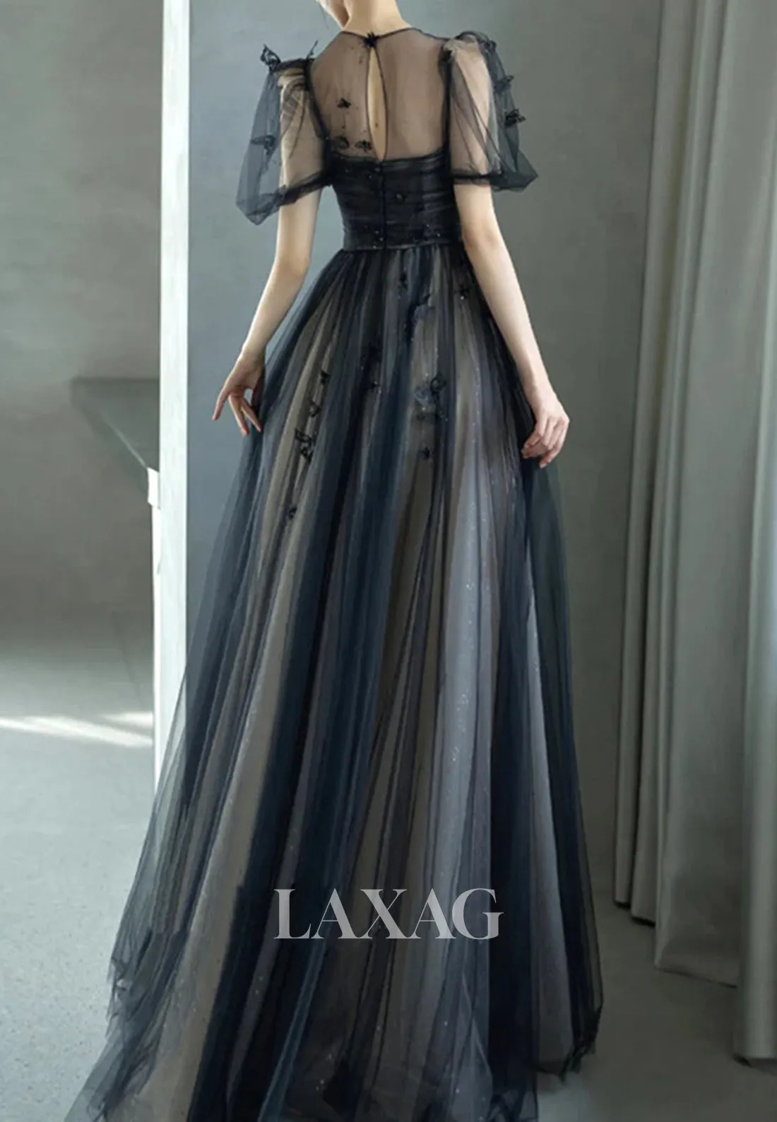 A-Line Applique Beaded Pleated Tulle Party Dress Tube Top Short-Sleeves Sweep Train Prom Dress