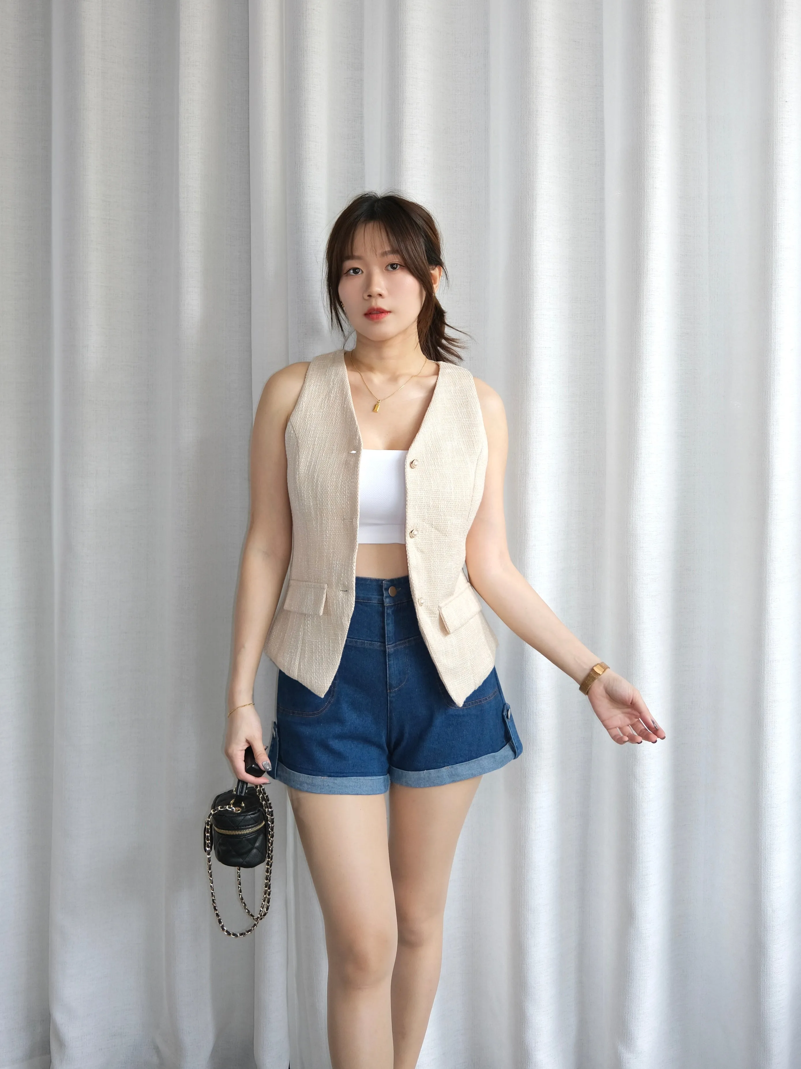 ACEWIN Pearl Button Tweed Vest (Size S-M) 200714