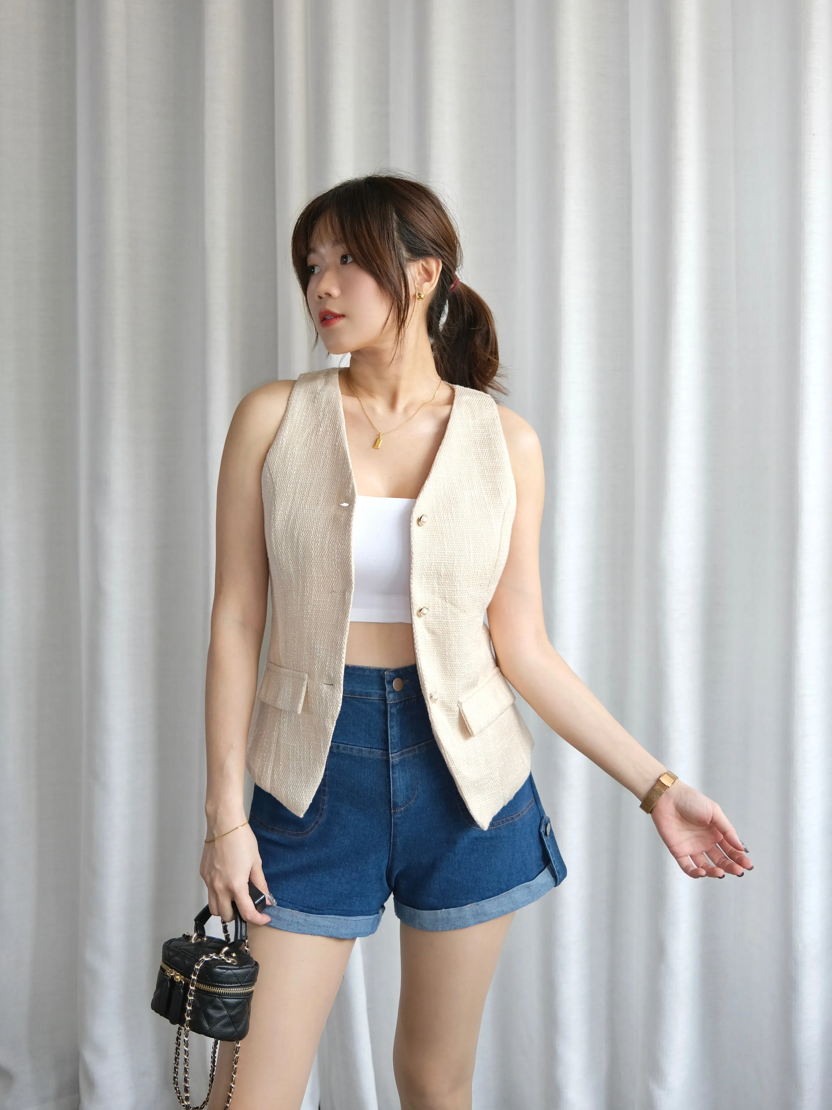 ACEWIN Pearl Button Tweed Vest (Size S-M) 200714