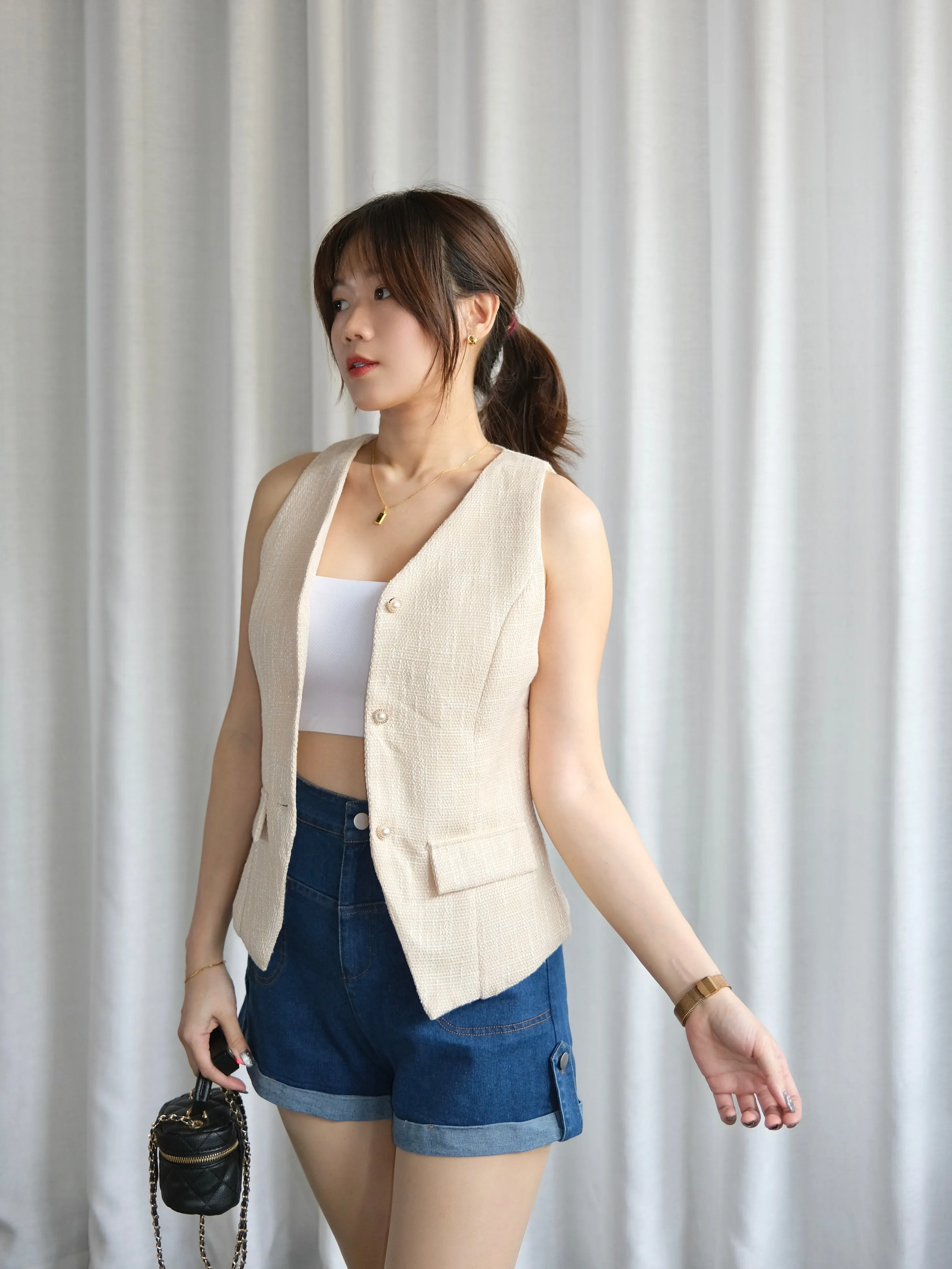 ACEWIN Pearl Button Tweed Vest (Size S-M) 200714