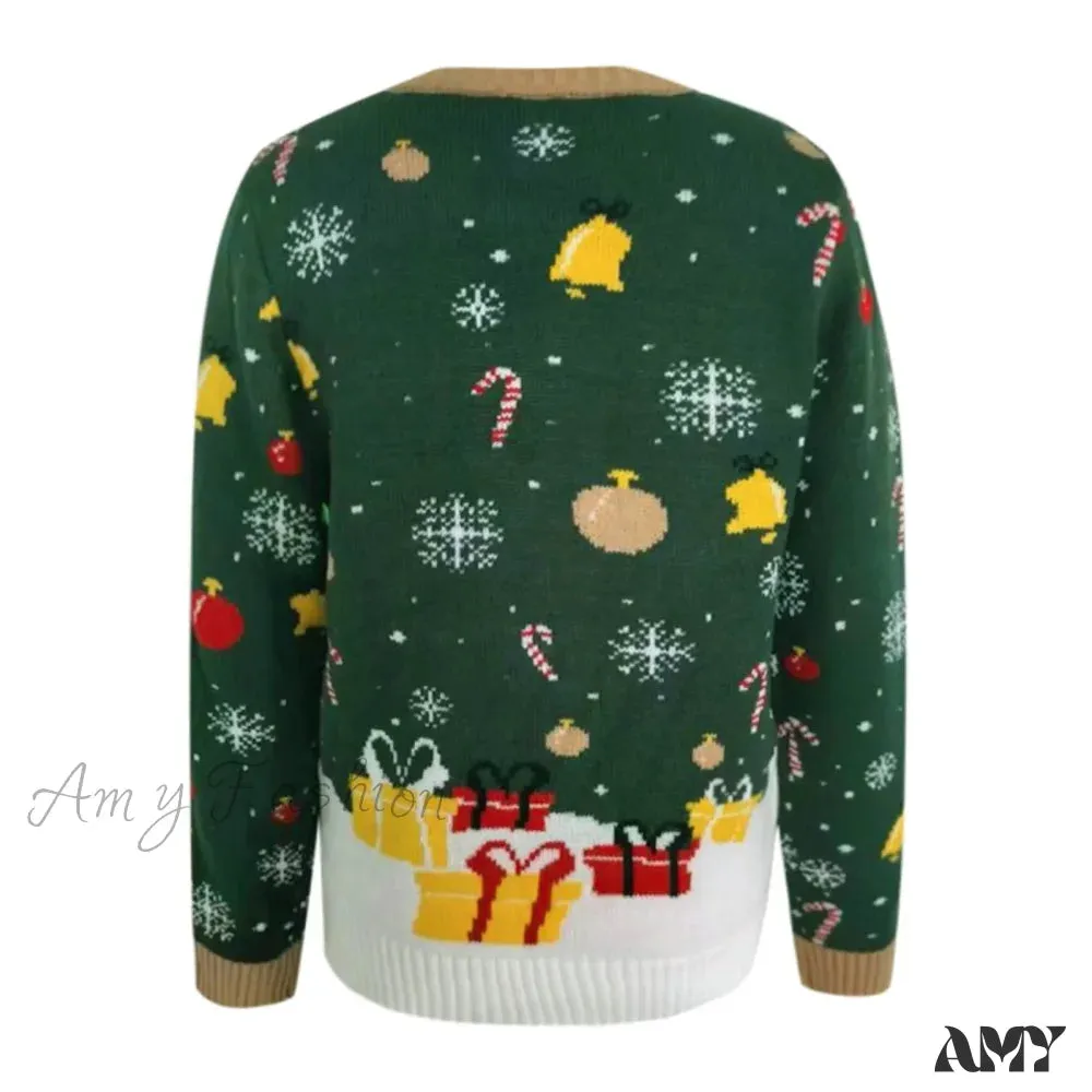Autumn Winter Santa Jacquard Round Neck Retro Casual Christmas Sweater with LED Light