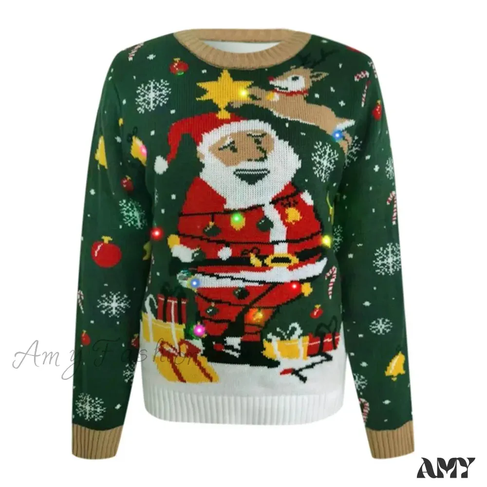 Autumn Winter Santa Jacquard Round Neck Retro Casual Christmas Sweater with LED Light