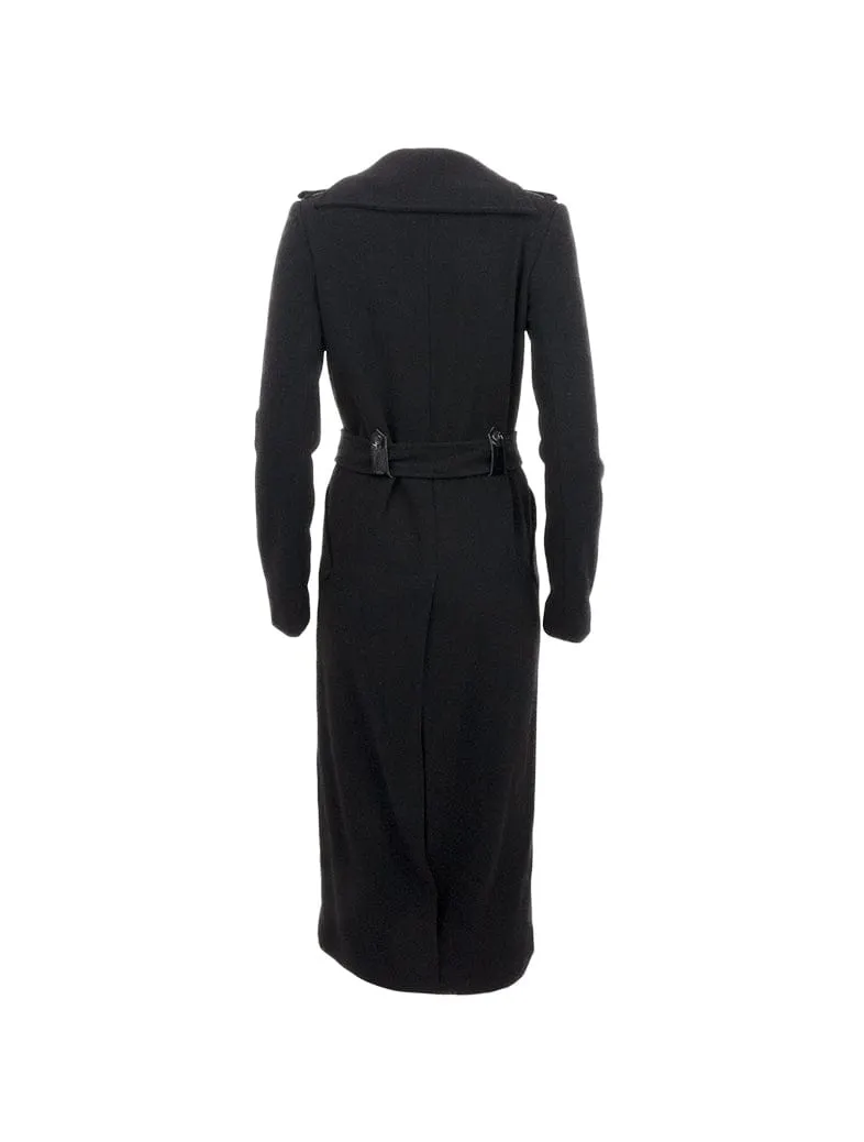 Black Wool Coat with Patent Details
