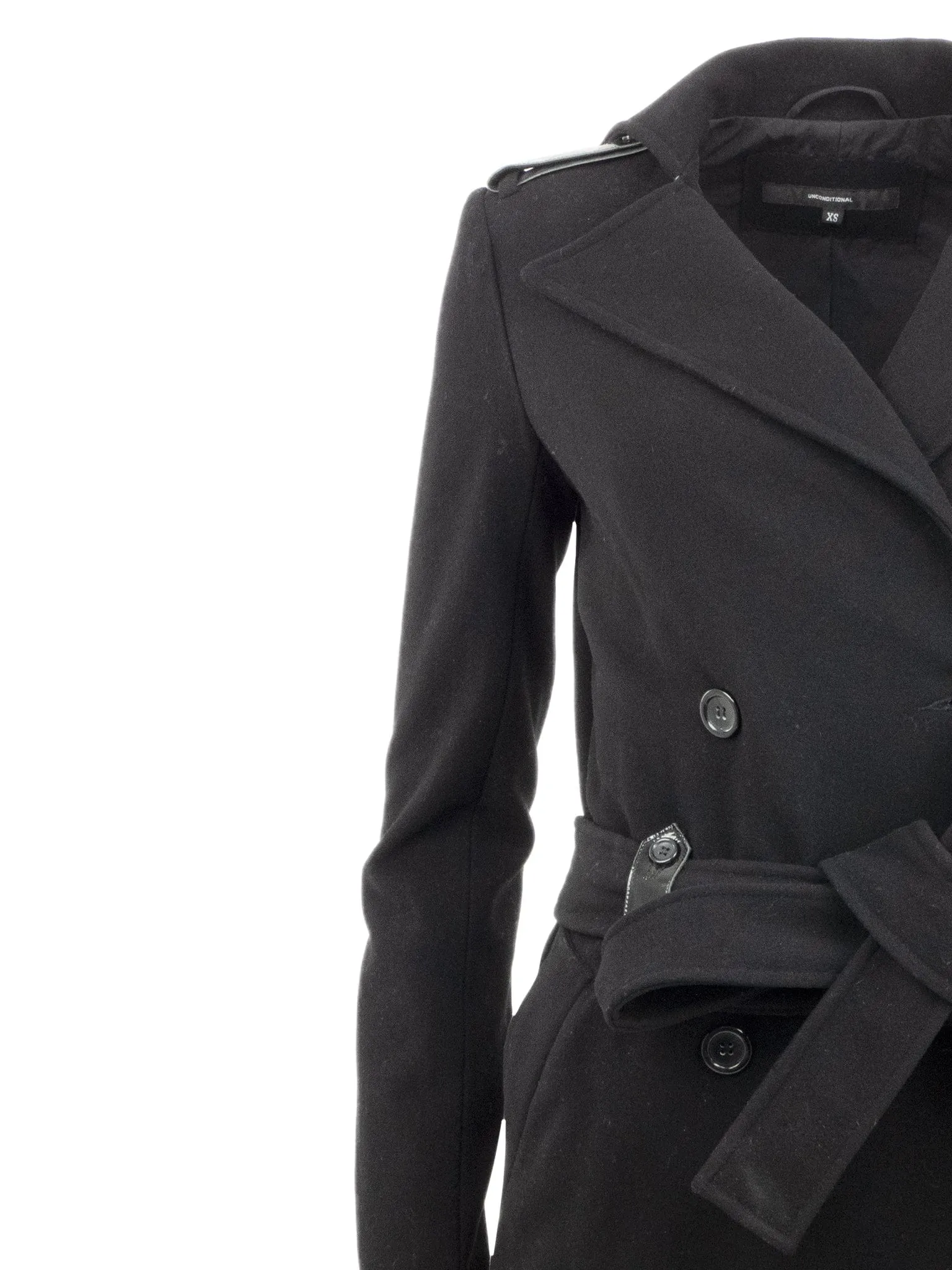 Black Wool Coat with Patent Details