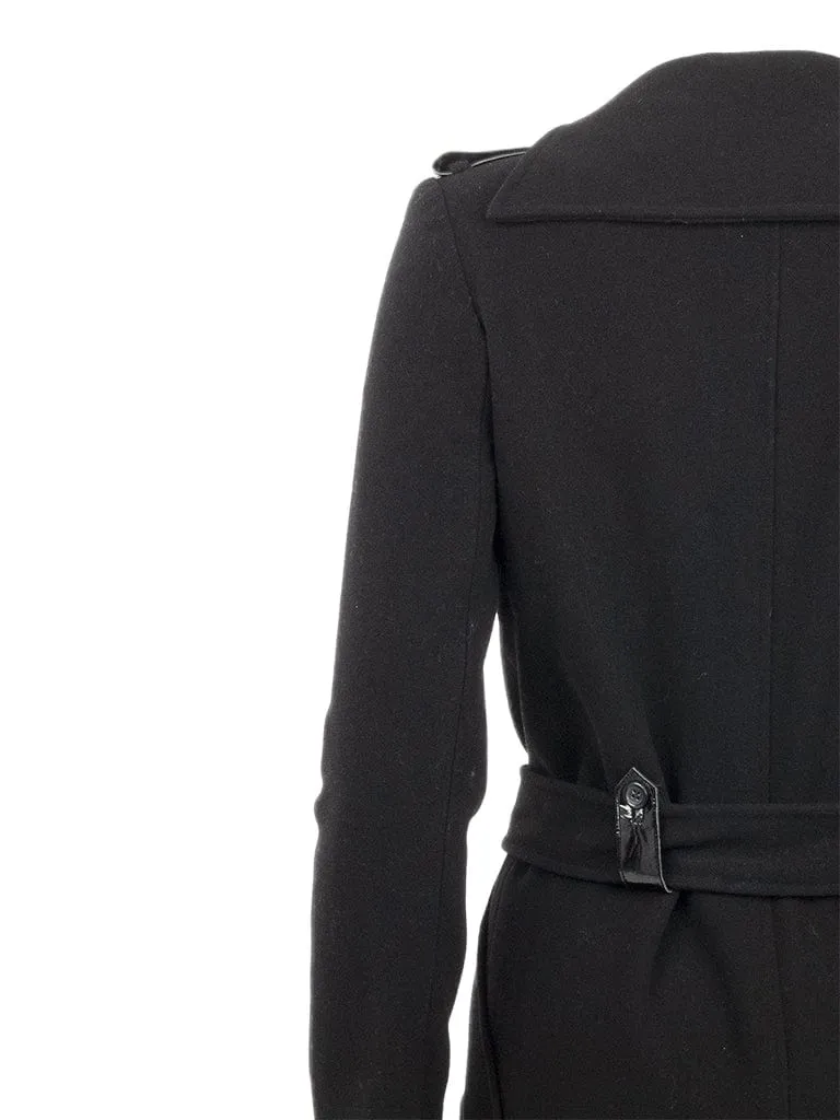 Black Wool Coat with Patent Details