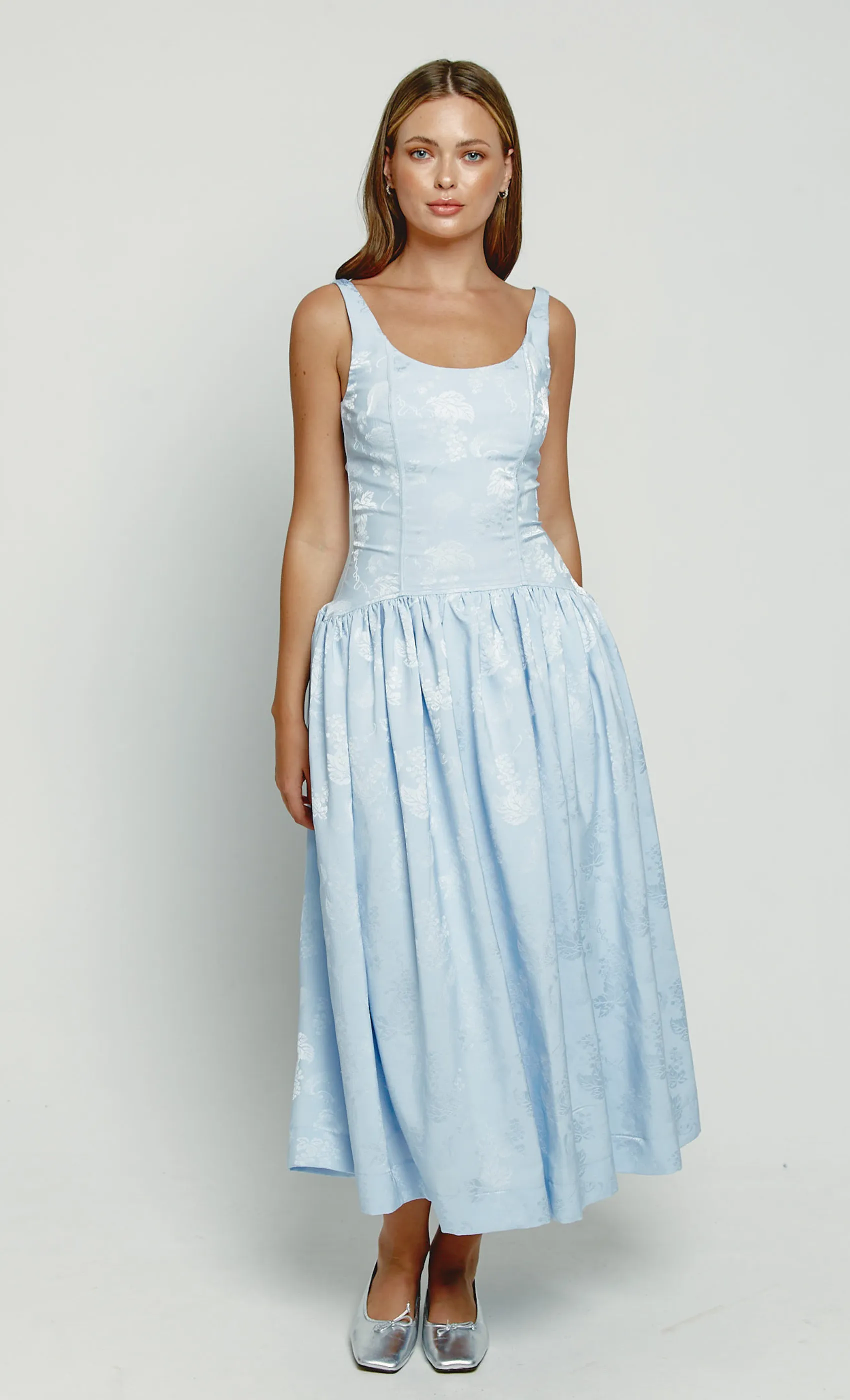 Blue Satin Jacquard Drop Waist Midi Dress