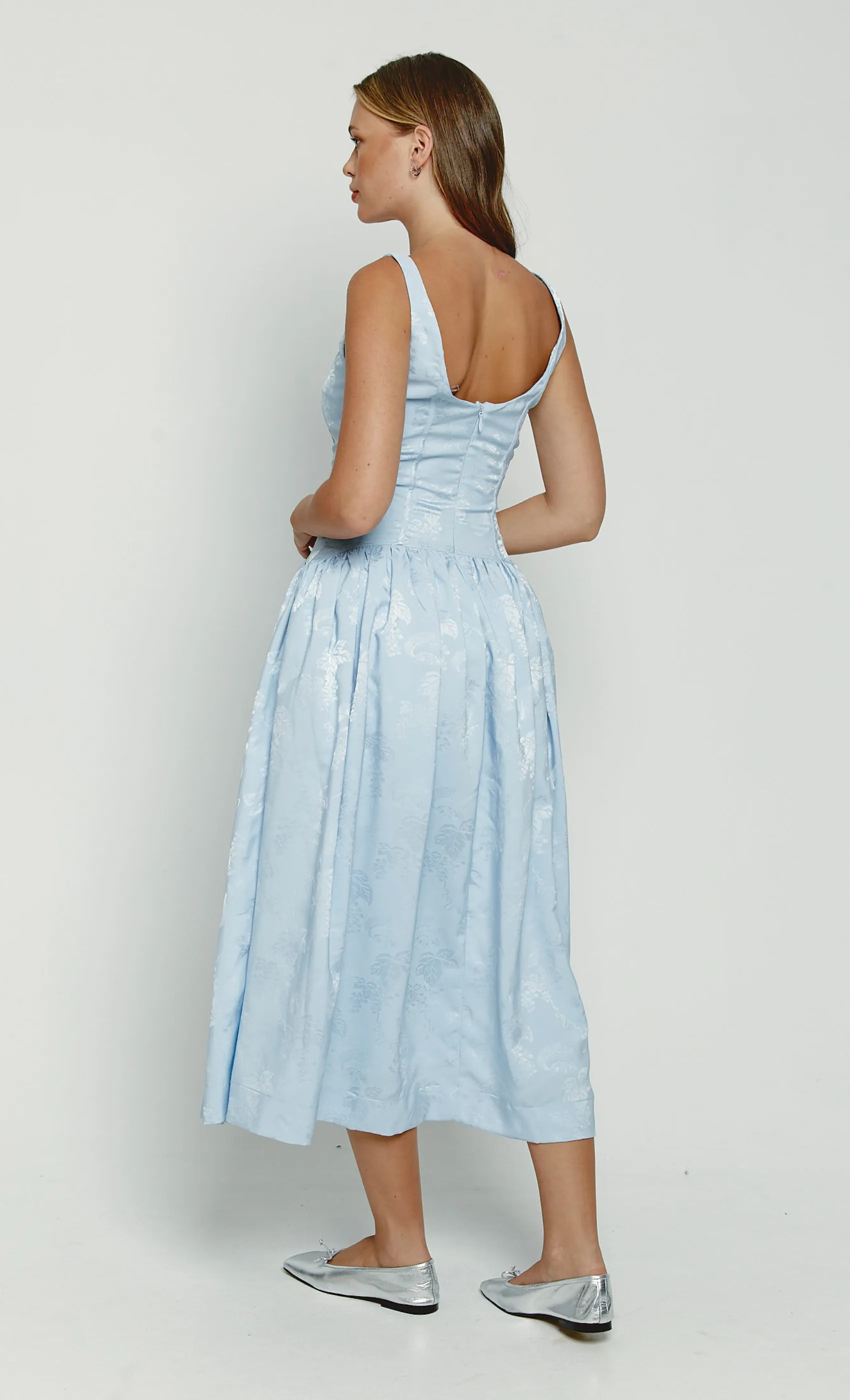Blue Satin Jacquard Drop Waist Midi Dress