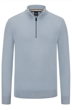 BOSS - EBRANDO-P Light Pastel Blue 1/4 Zip Cotton Sweater With Knitted Structure 50505997 454
