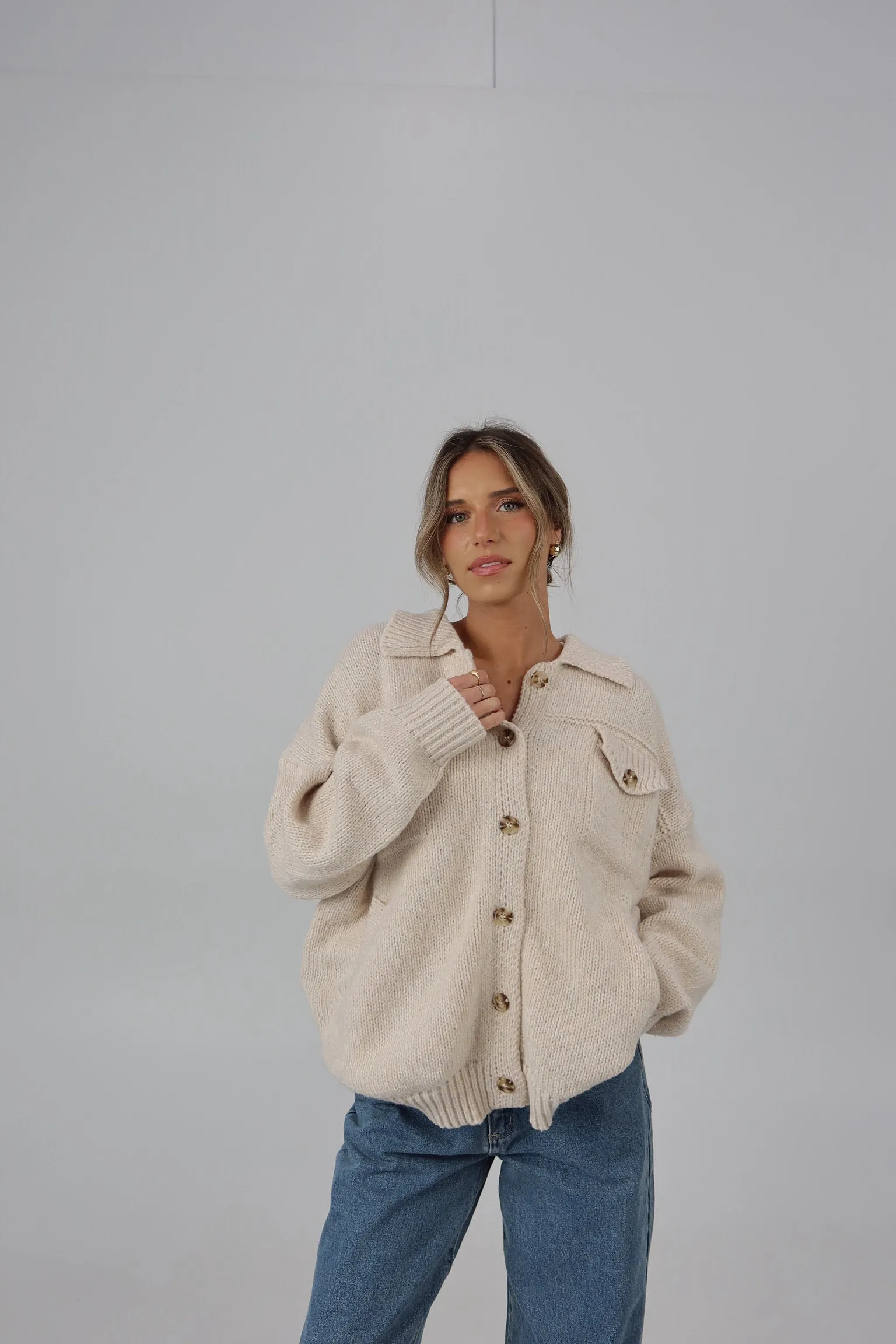 Casen Collared Button Up Knit in Cream