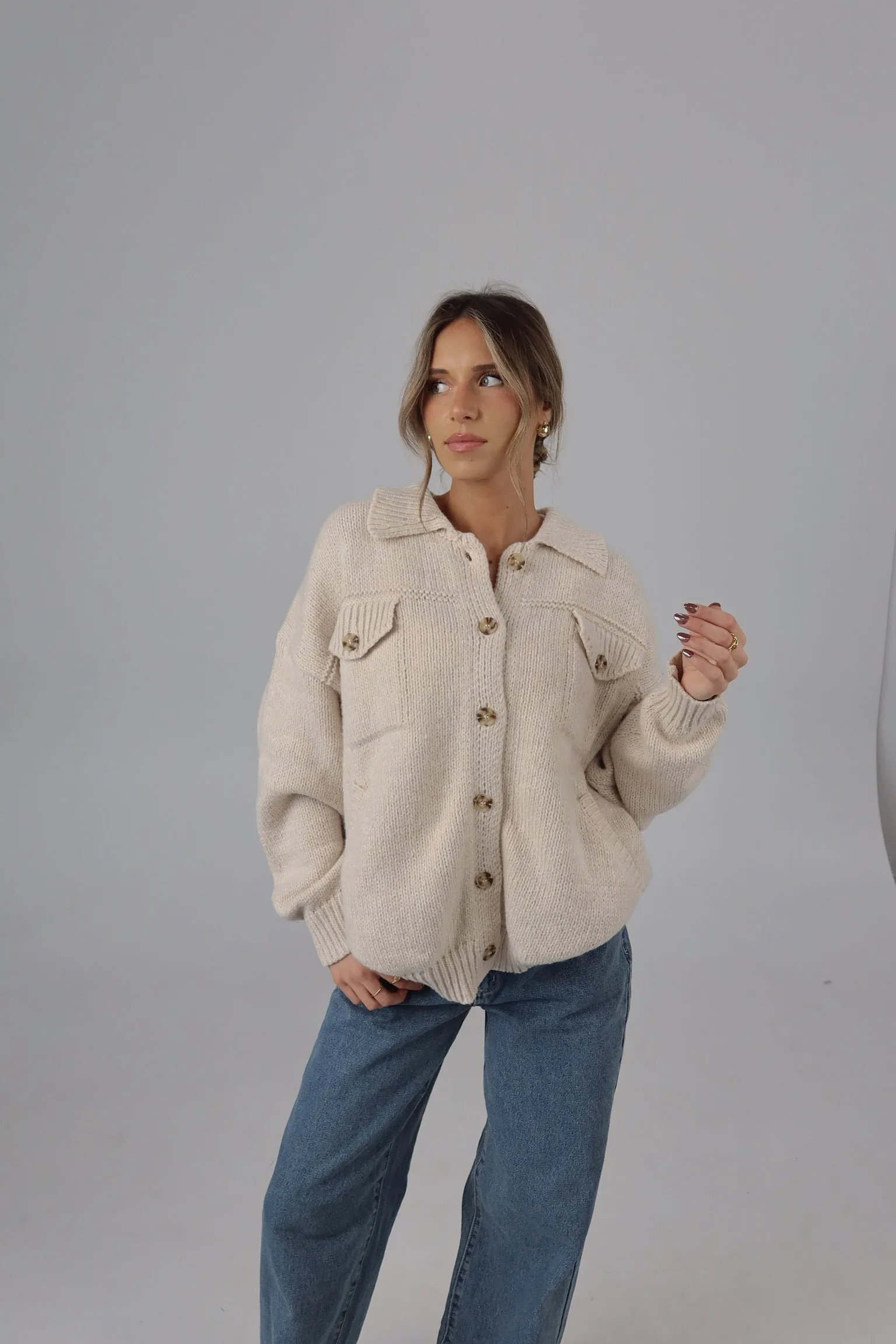 Casen Collared Button Up Knit in Cream