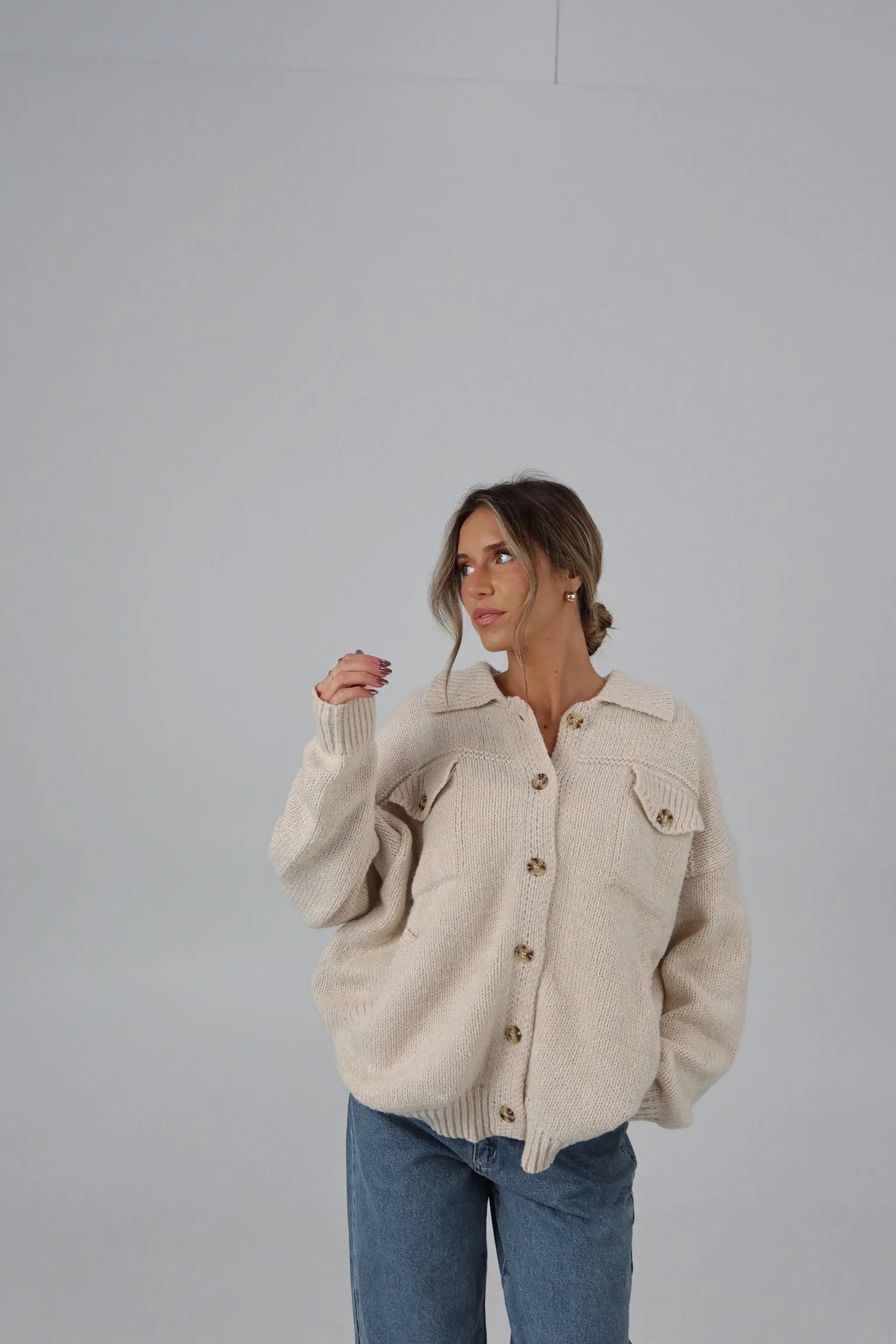 Casen Collared Button Up Knit in Cream
