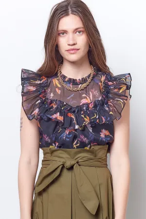 CASSANDRA Ruffle Yoked Top - Cut Flower