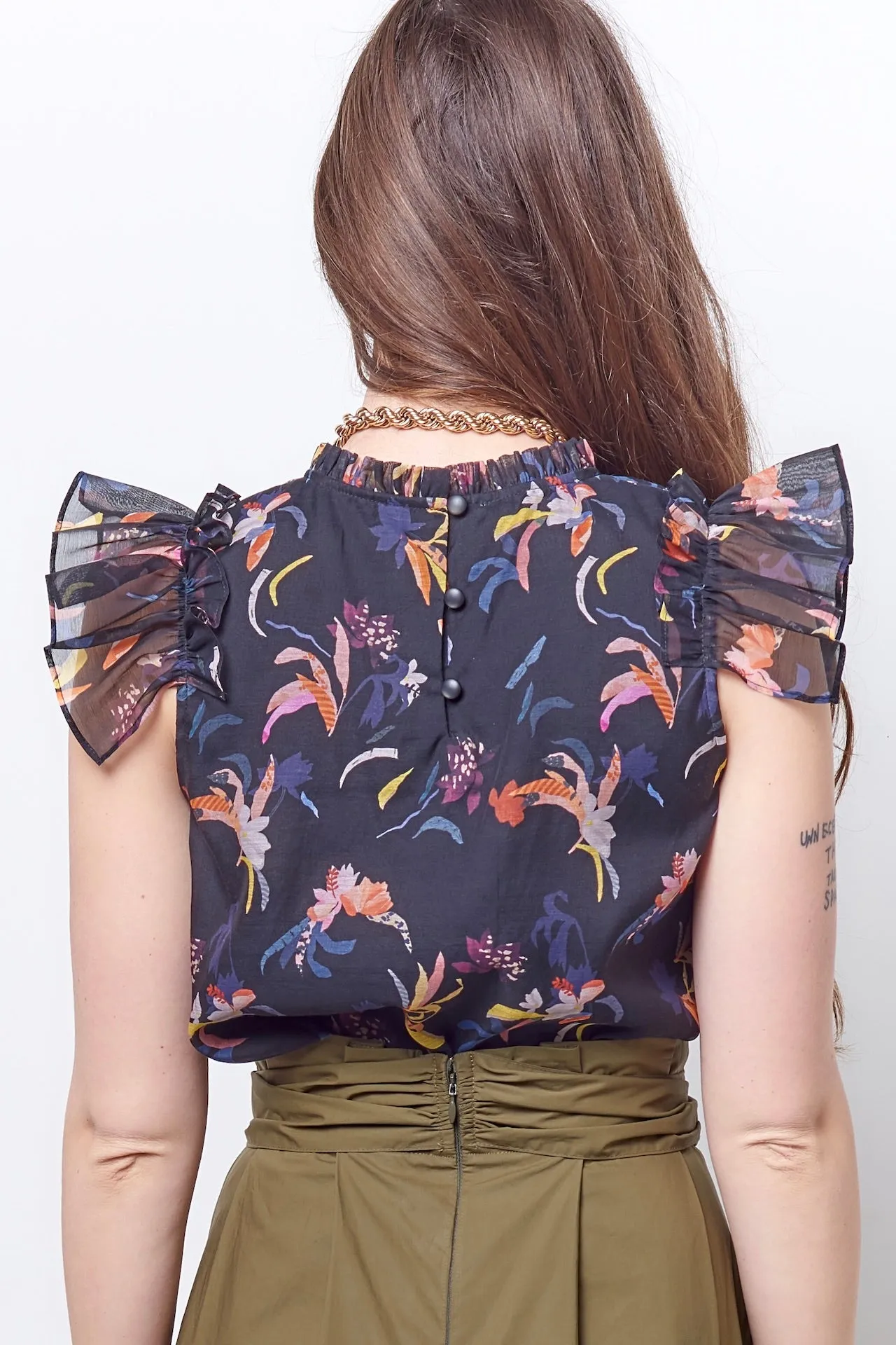 CASSANDRA Ruffle Yoked Top - Cut Flower