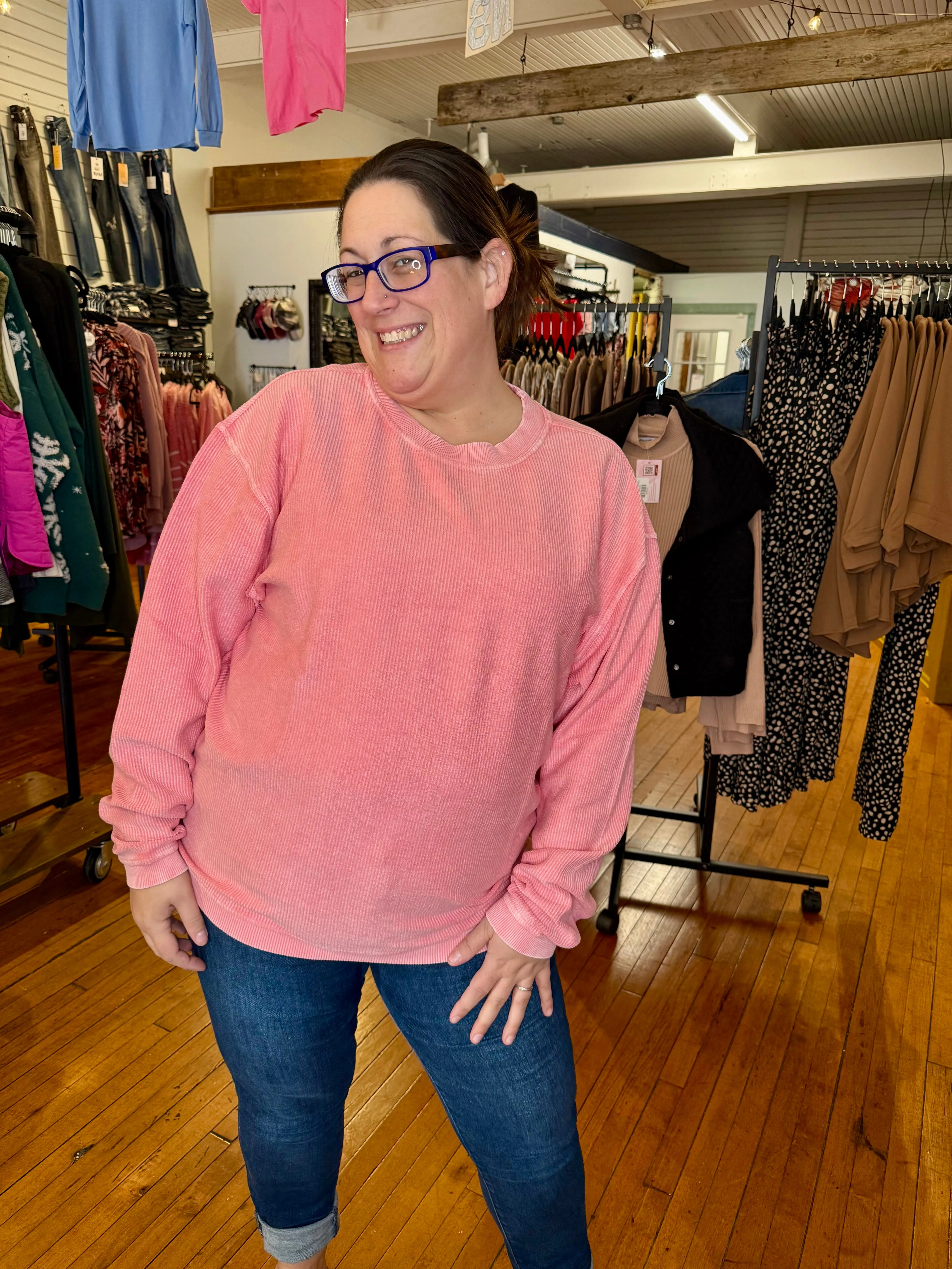 CELIA CORDED CREW SWEATSHIRT - CONCHSHELL PINK