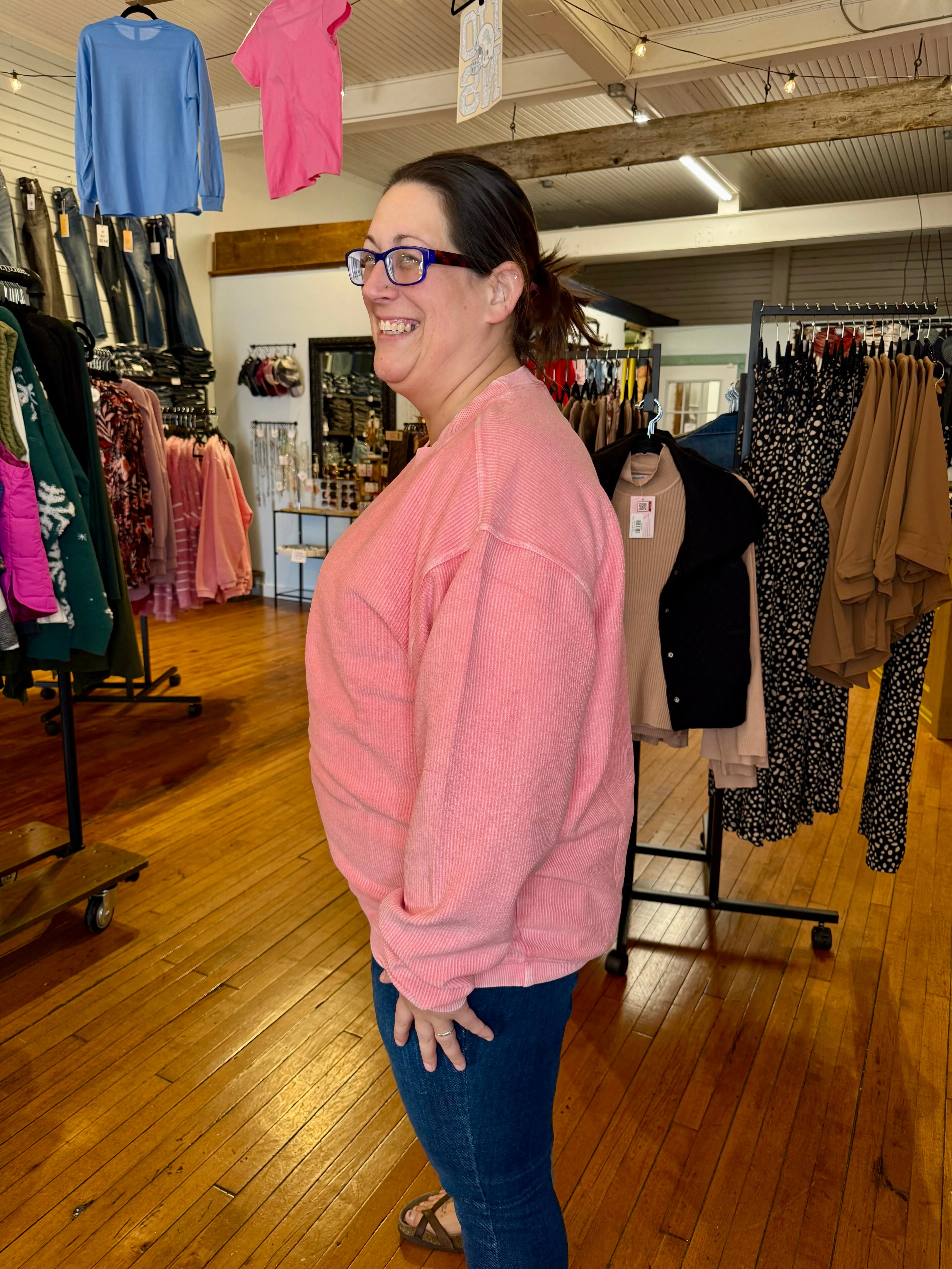 CELIA CORDED CREW SWEATSHIRT - CONCHSHELL PINK