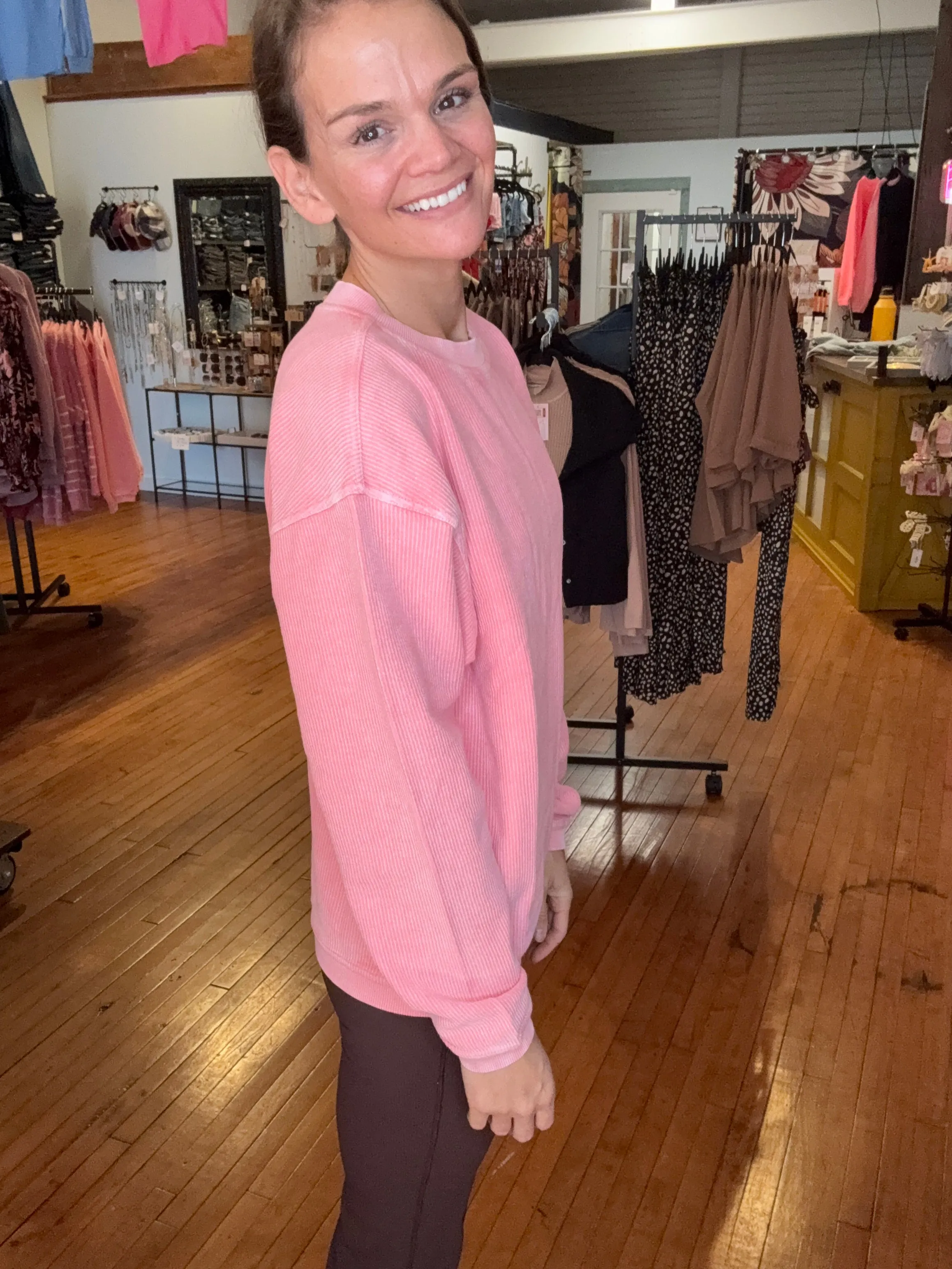 CELIA CORDED CREW SWEATSHIRT - CONCHSHELL PINK
