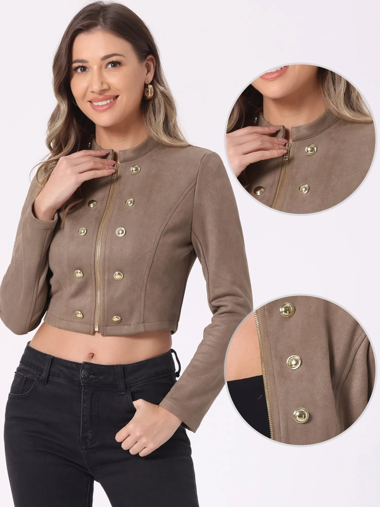 Cropped Long Sleeve Double Breasted Zip Up Faux Suede Jacket