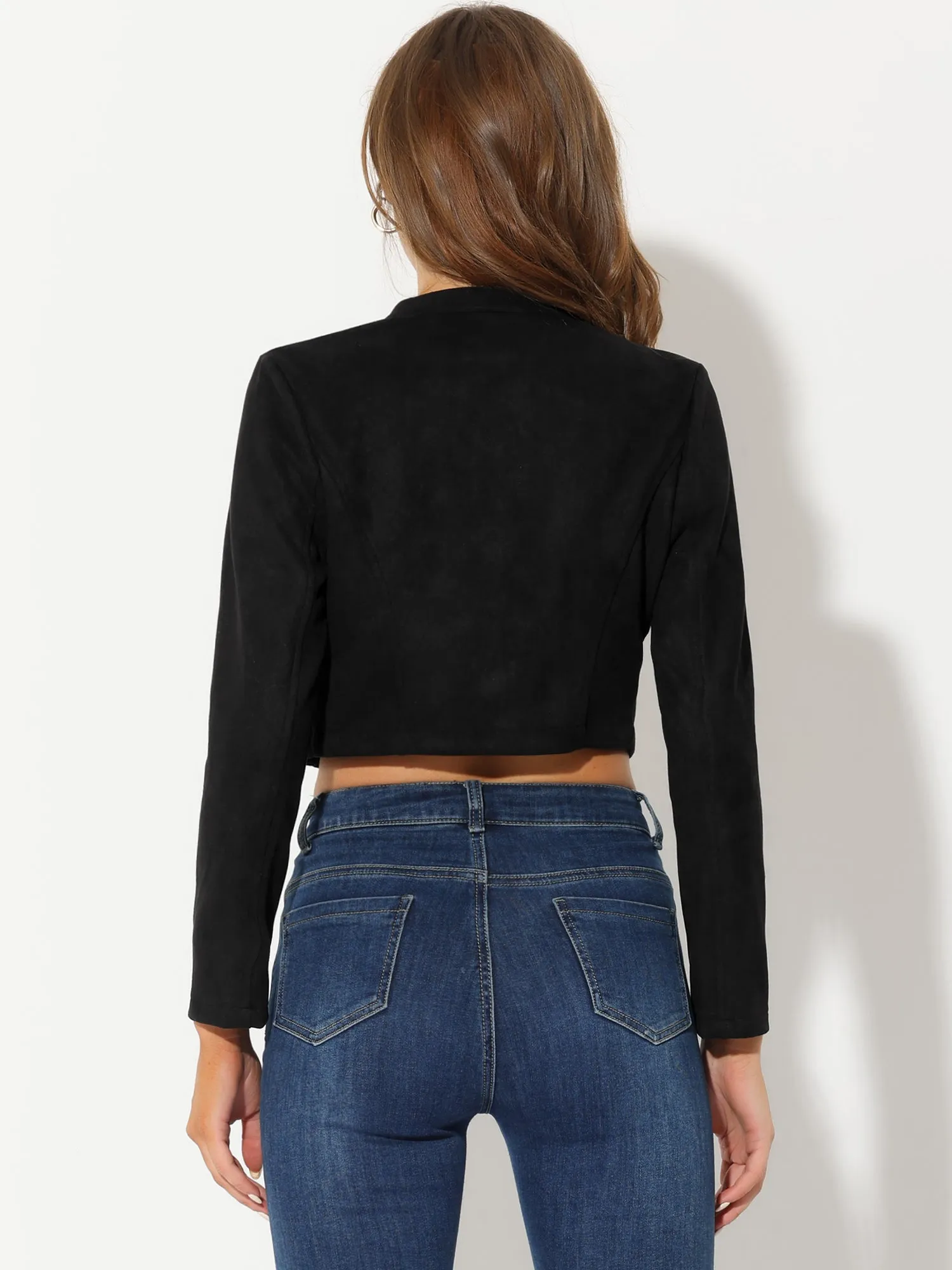 Cropped Long Sleeve Double Breasted Zip Up Faux Suede Jacket
