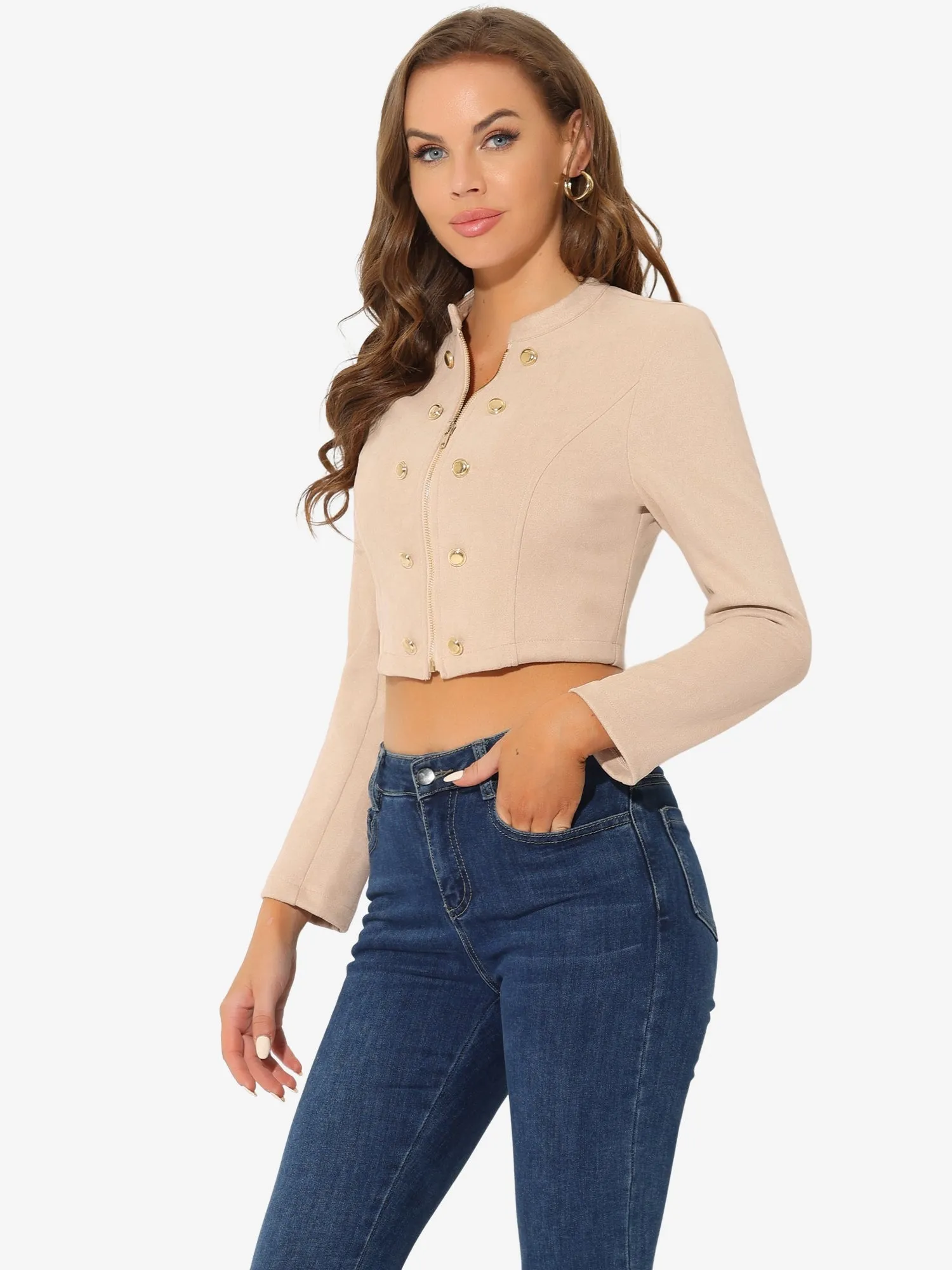 Cropped Long Sleeve Double Breasted Zip Up Faux Suede Jacket