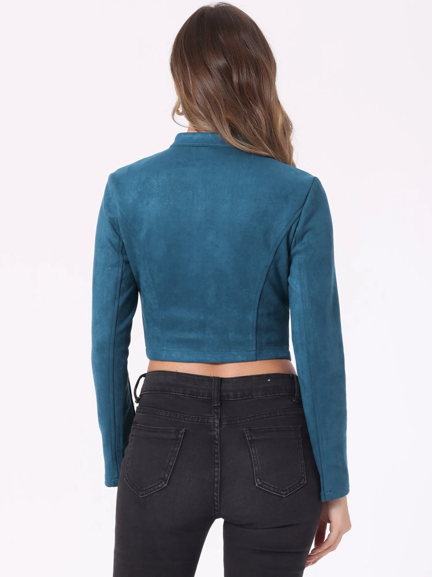 Cropped Long Sleeve Double Breasted Zip Up Faux Suede Jacket