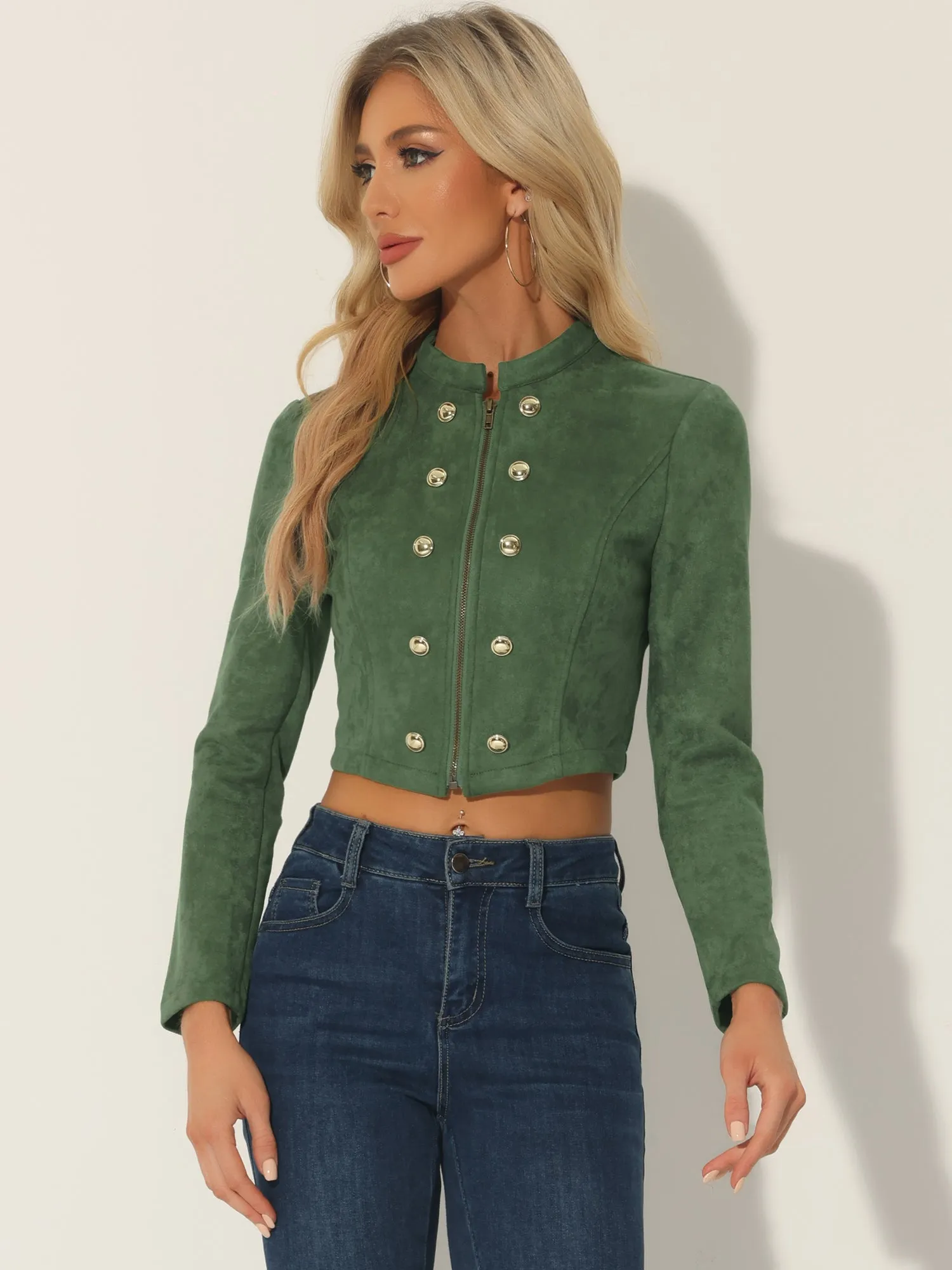 Cropped Long Sleeve Double Breasted Zip Up Faux Suede Jacket