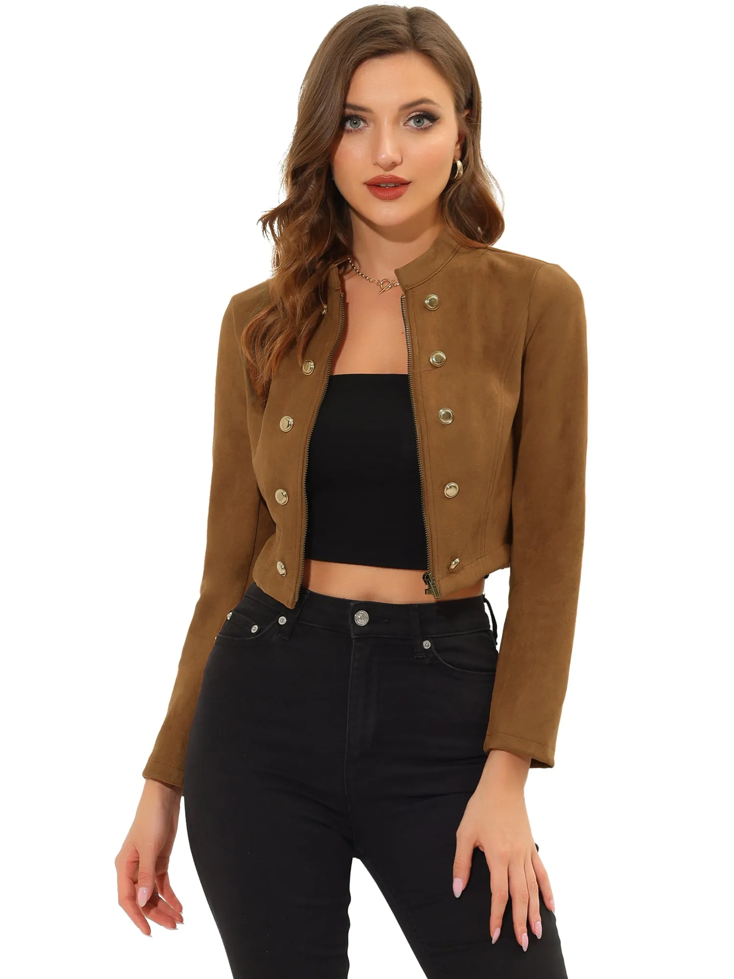 Cropped Long Sleeve Double Breasted Zip Up Faux Suede Jacket