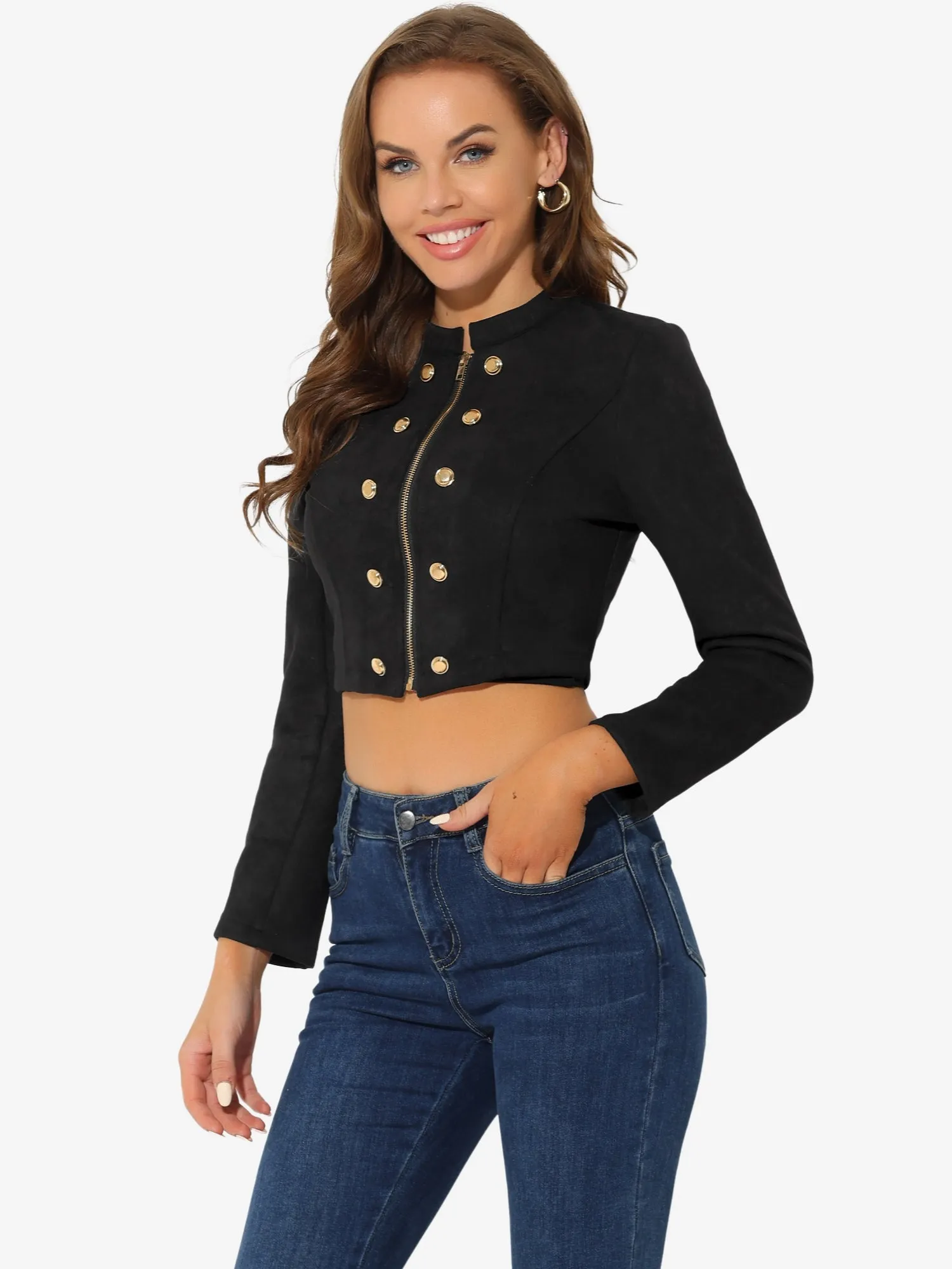 Cropped Long Sleeve Double Breasted Zip Up Faux Suede Jacket