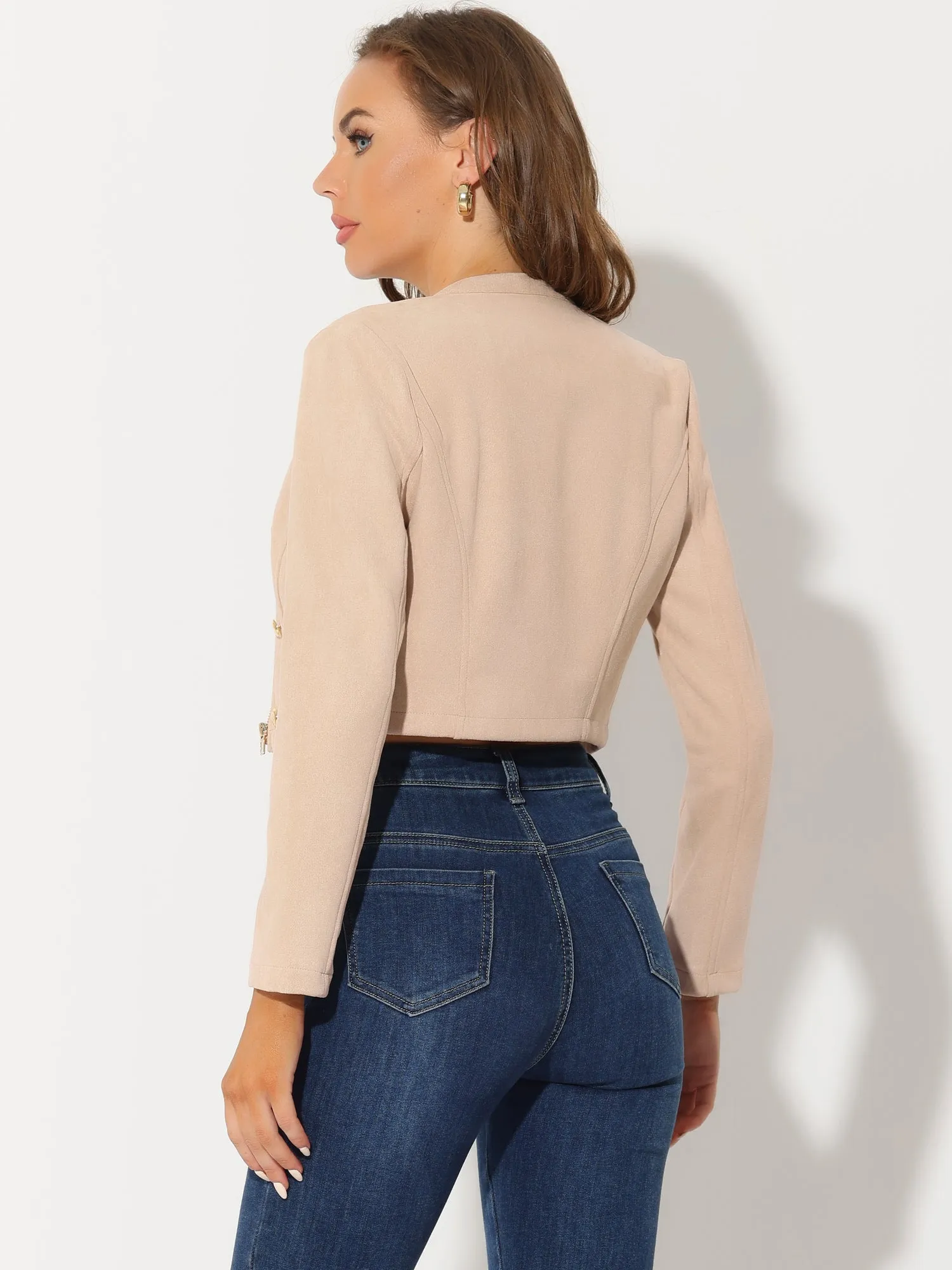 Cropped Long Sleeve Double Breasted Zip Up Faux Suede Jacket
