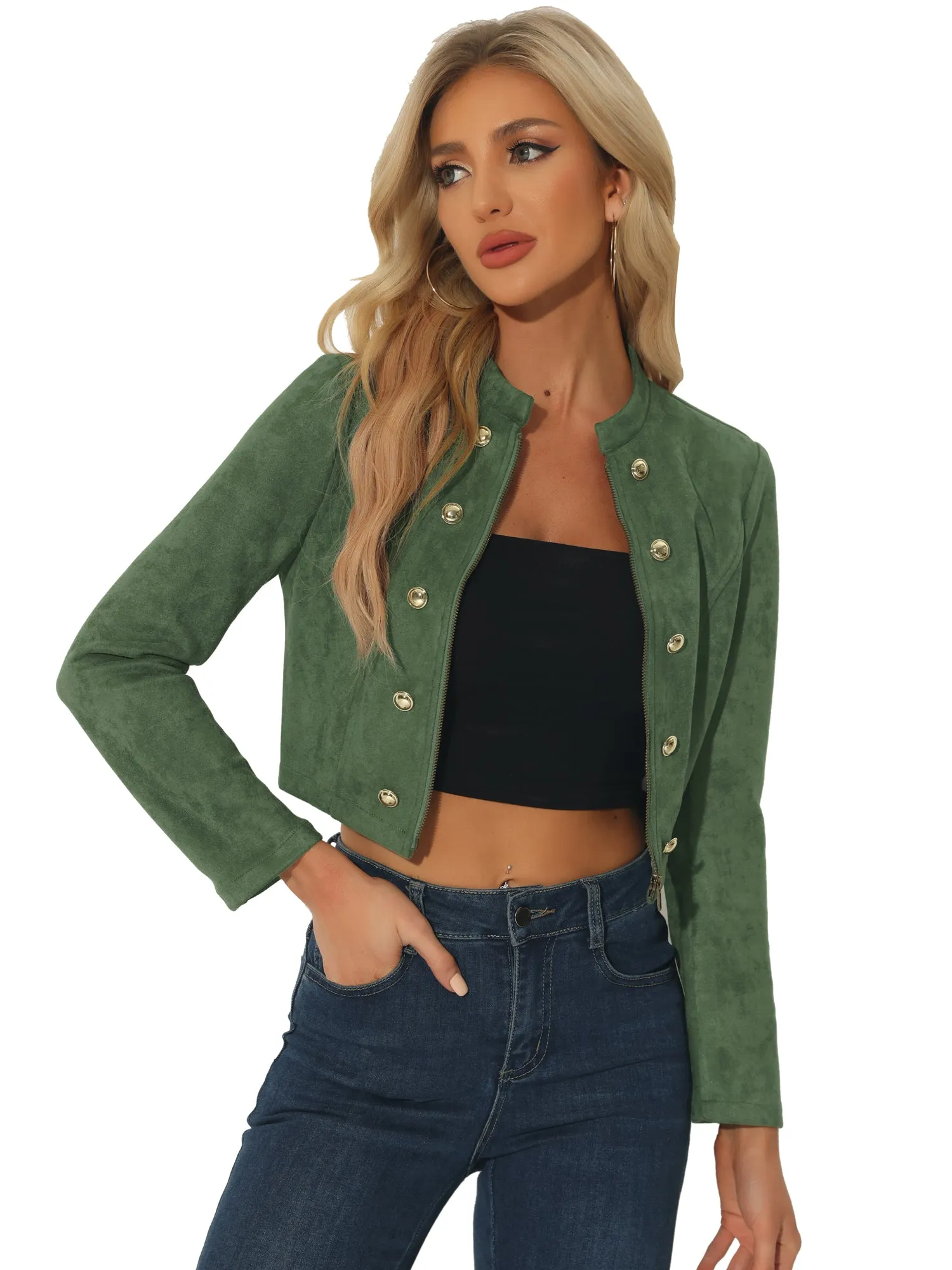 Cropped Long Sleeve Double Breasted Zip Up Faux Suede Jacket