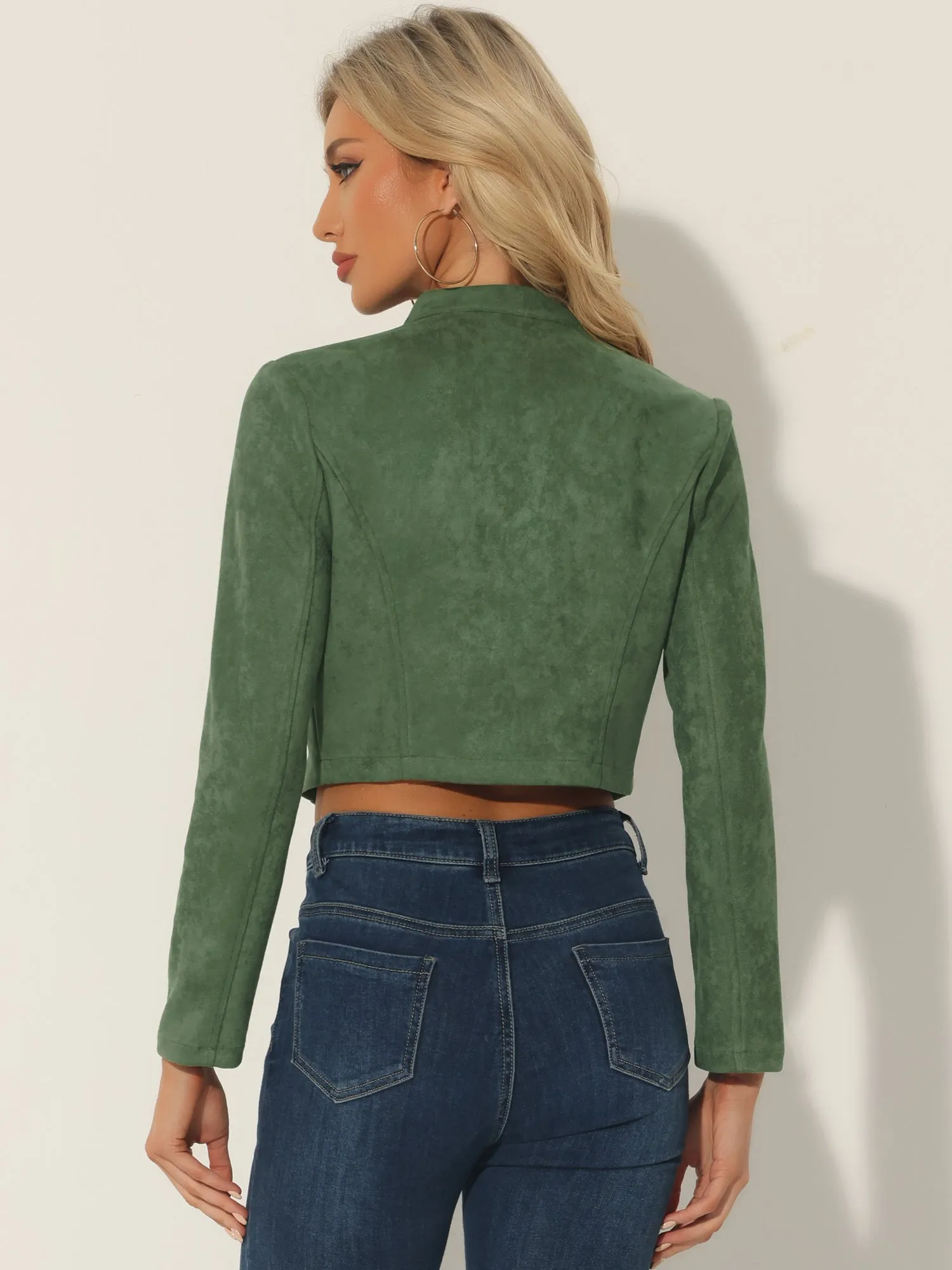 Cropped Long Sleeve Double Breasted Zip Up Faux Suede Jacket