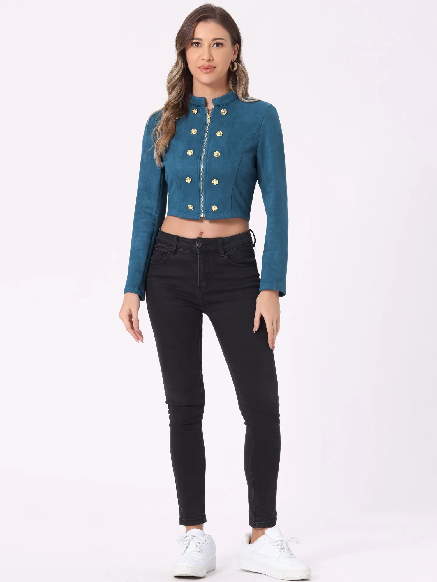 Cropped Long Sleeve Double Breasted Zip Up Faux Suede Jacket