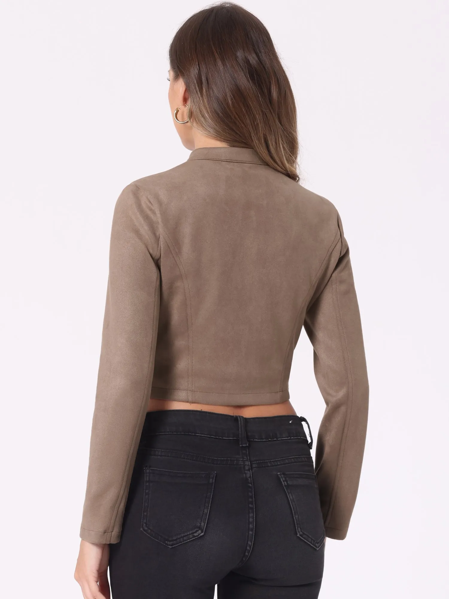 Cropped Long Sleeve Double Breasted Zip Up Faux Suede Jacket