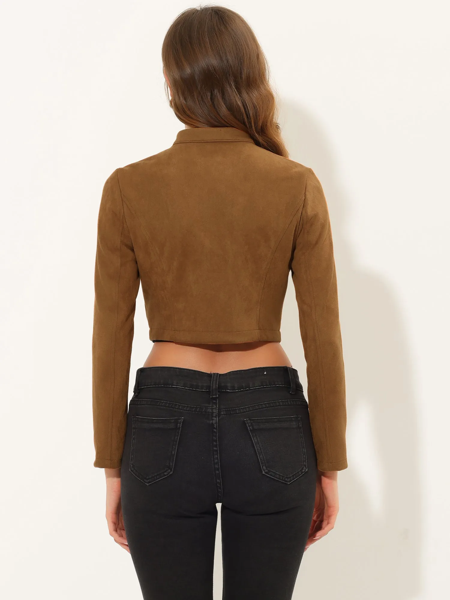 Cropped Long Sleeve Double Breasted Zip Up Faux Suede Jacket
