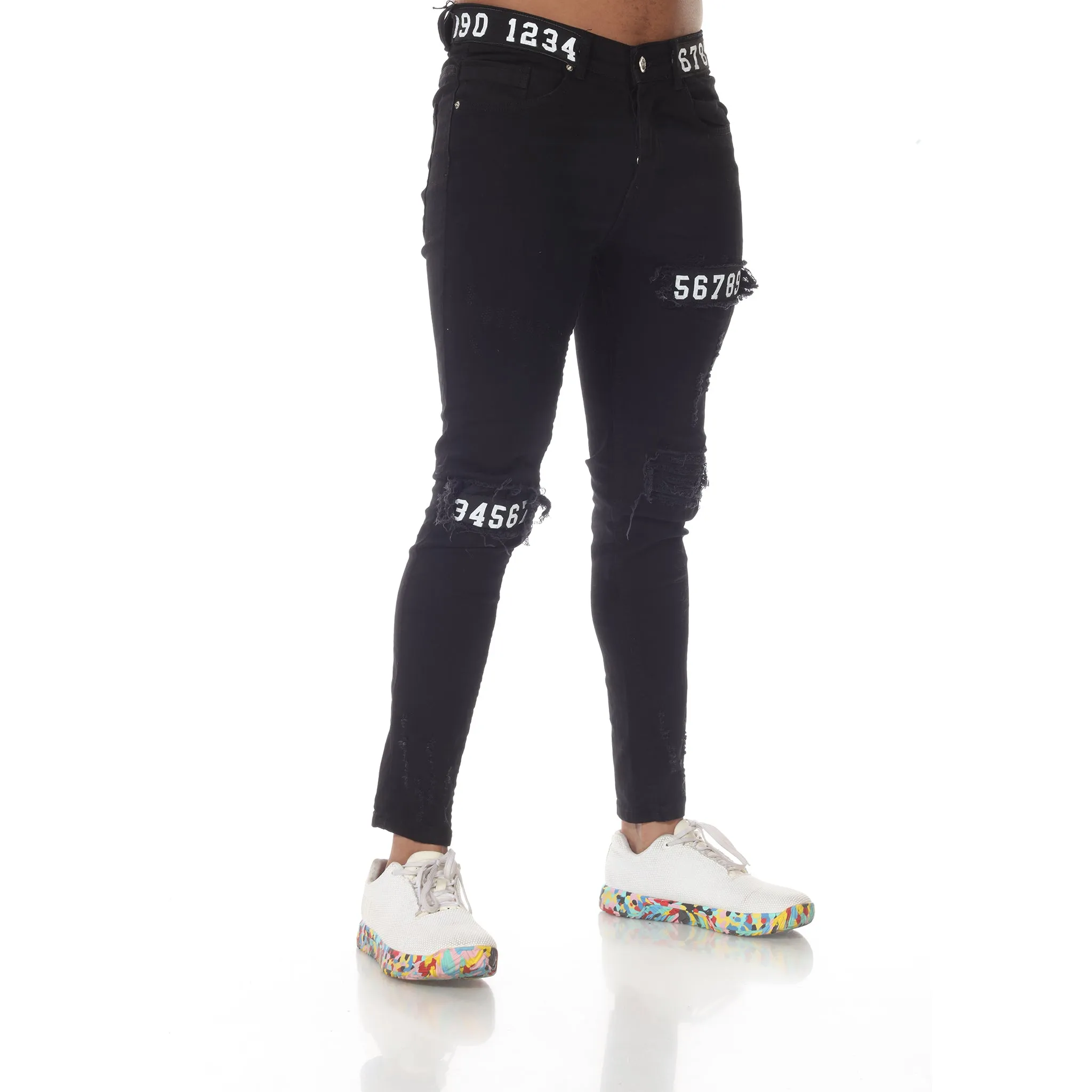 Fashion Black Jeans With Details on Waist and Leg