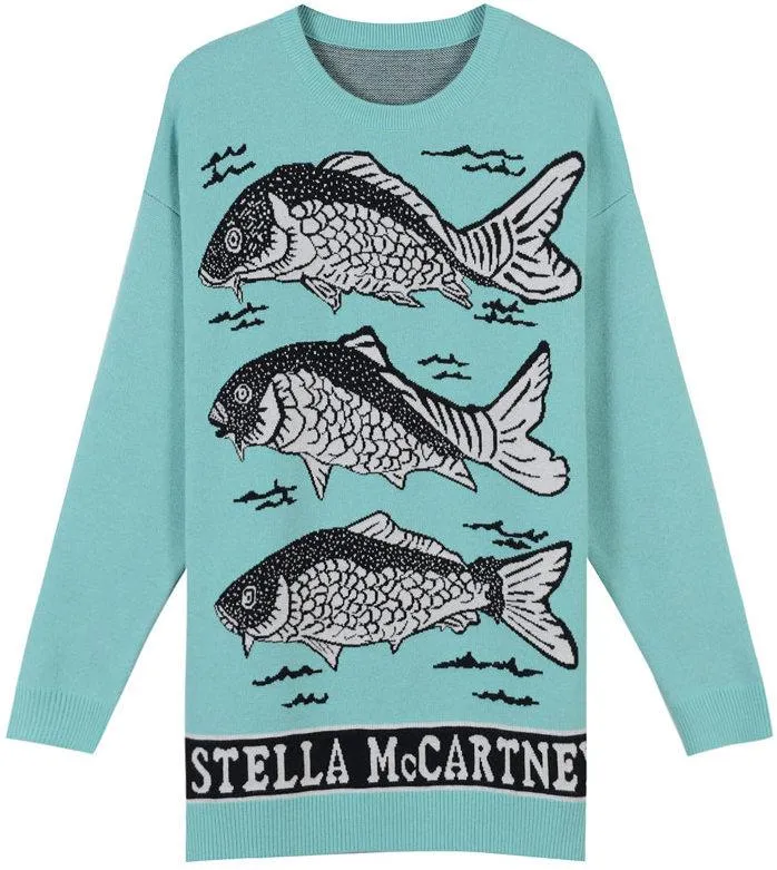 Fish Logo Intarsia Sweater, Orange or Light Blue