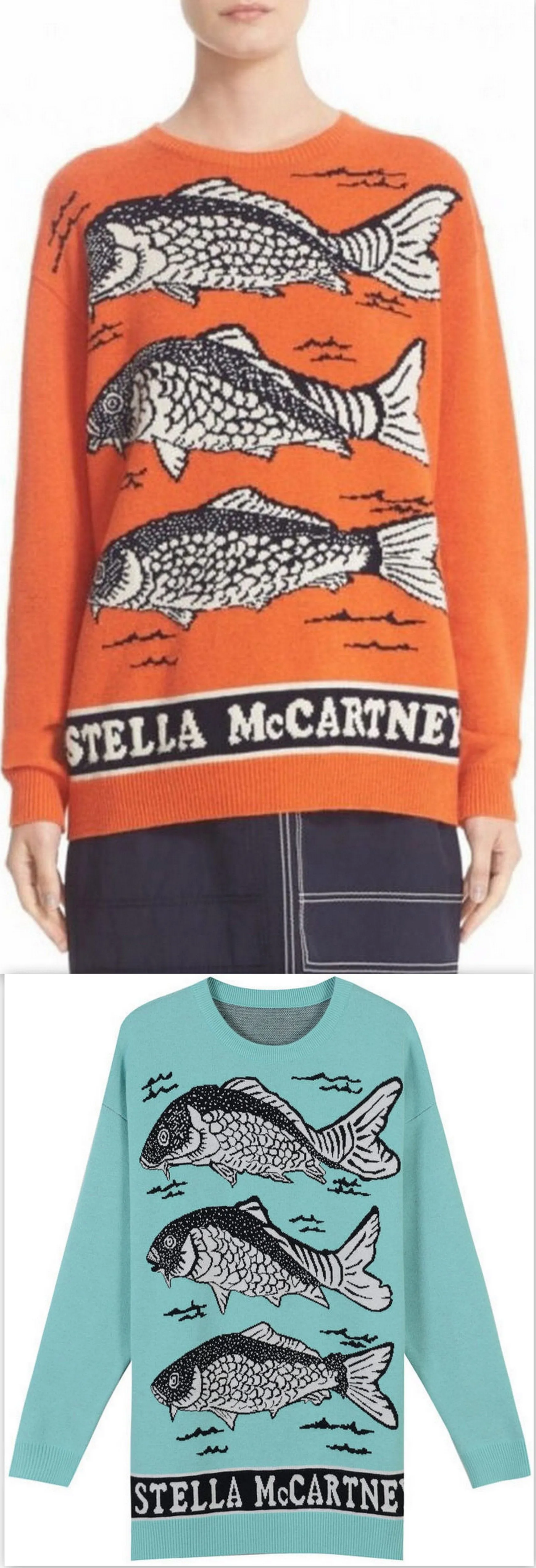 Fish Logo Intarsia Sweater, Orange or Light Blue