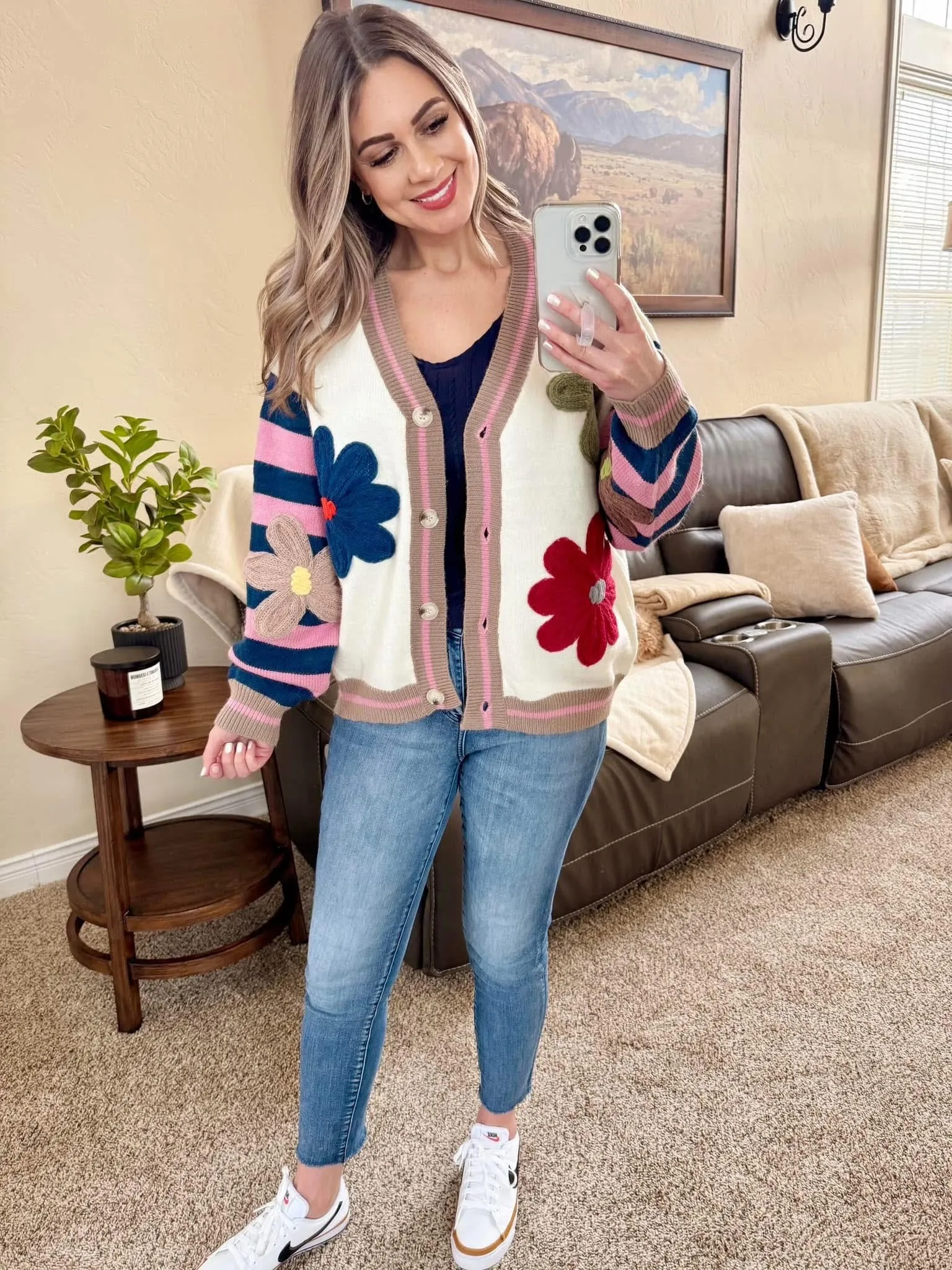 Floral Cardigan With Contrasting Sleeves