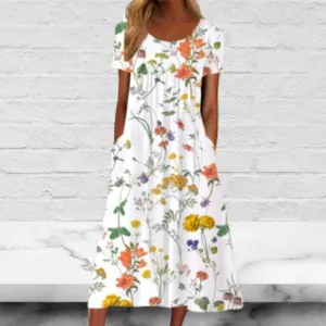 Floral Loose Short Sleeve H-Line Casual Dress