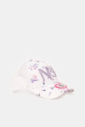 Girls White Printed Cap