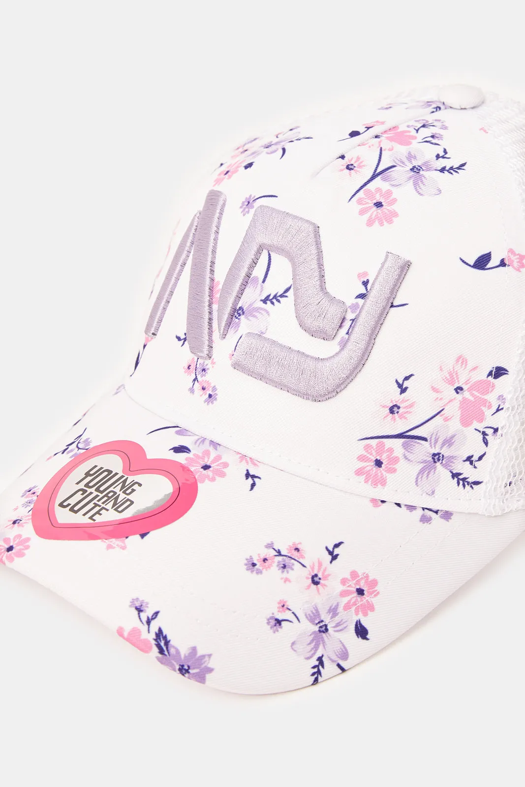 Girls White Printed Cap