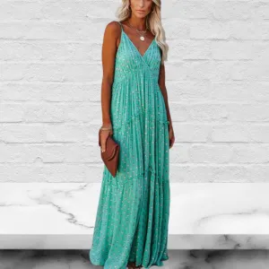Green V-Neck Sleeveless Casual Floor Length Maxi Dress