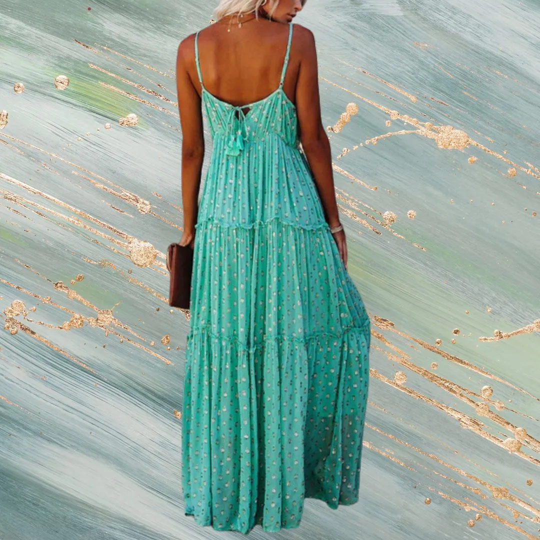 Green V-Neck Sleeveless Casual Floor Length Maxi Dress