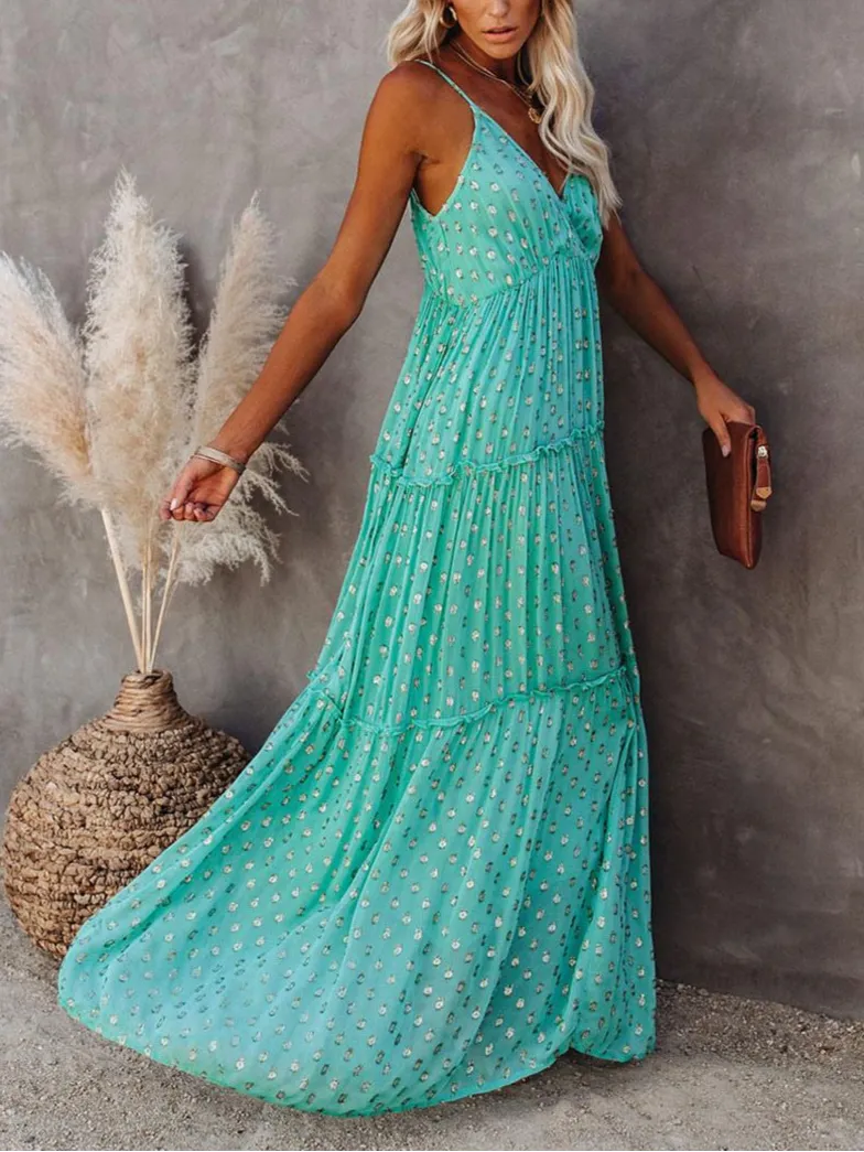 Green V-Neck Sleeveless Casual Floor Length Maxi Dress