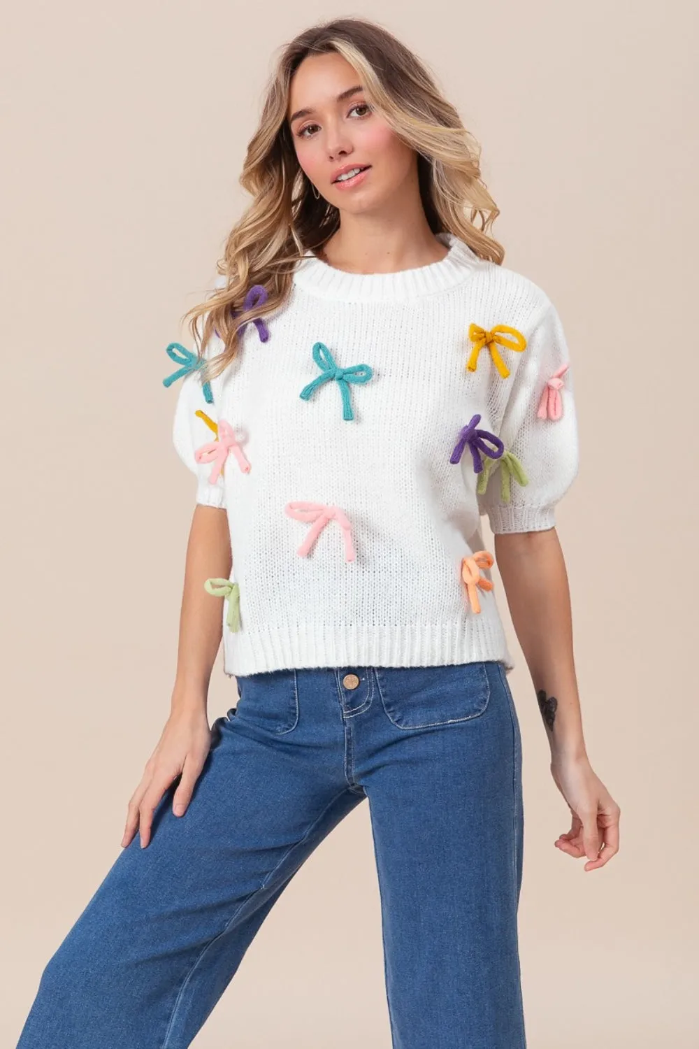 Hazel Blues® |  BiBi Bow Detail Puff Sleeve Sweater