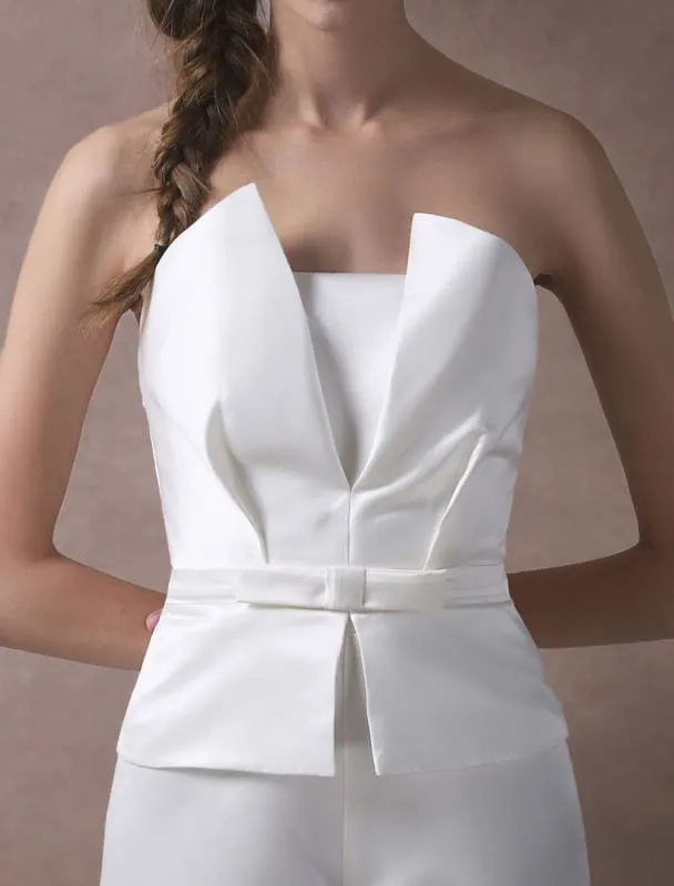 Ivory Wedding Jumpsuits Strapless Satin Bow Sash Long Bridal Jumpsuits
