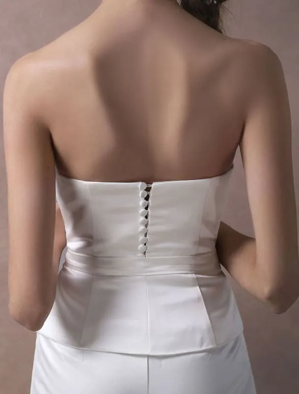 Ivory Wedding Jumpsuits Strapless Satin Bow Sash Long Bridal Jumpsuits
